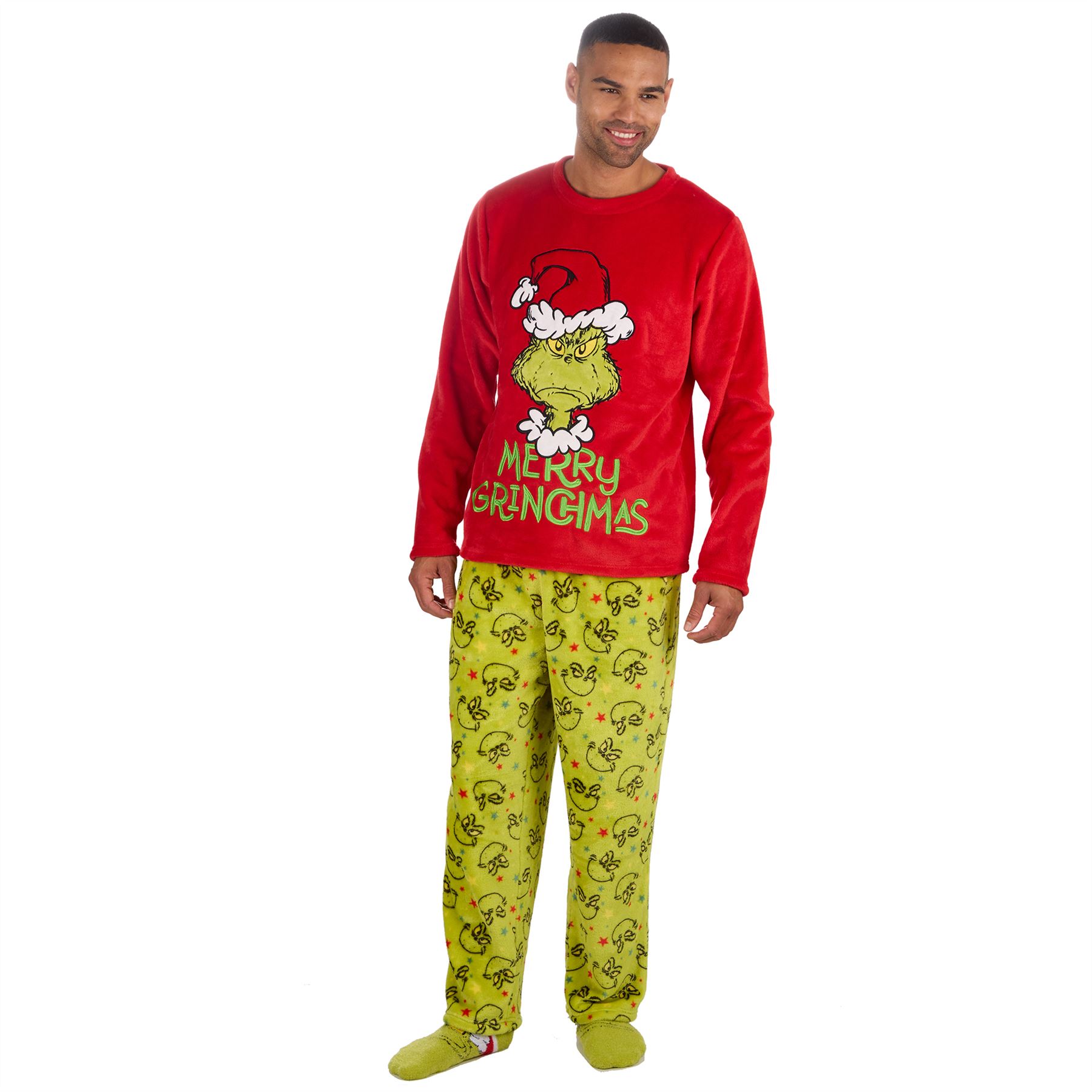Grinch Fleece Schlafanzug passend Familie Weihnachten Unisex Erwachsene Kinder Pyjama Set - Bild 20 von 22
