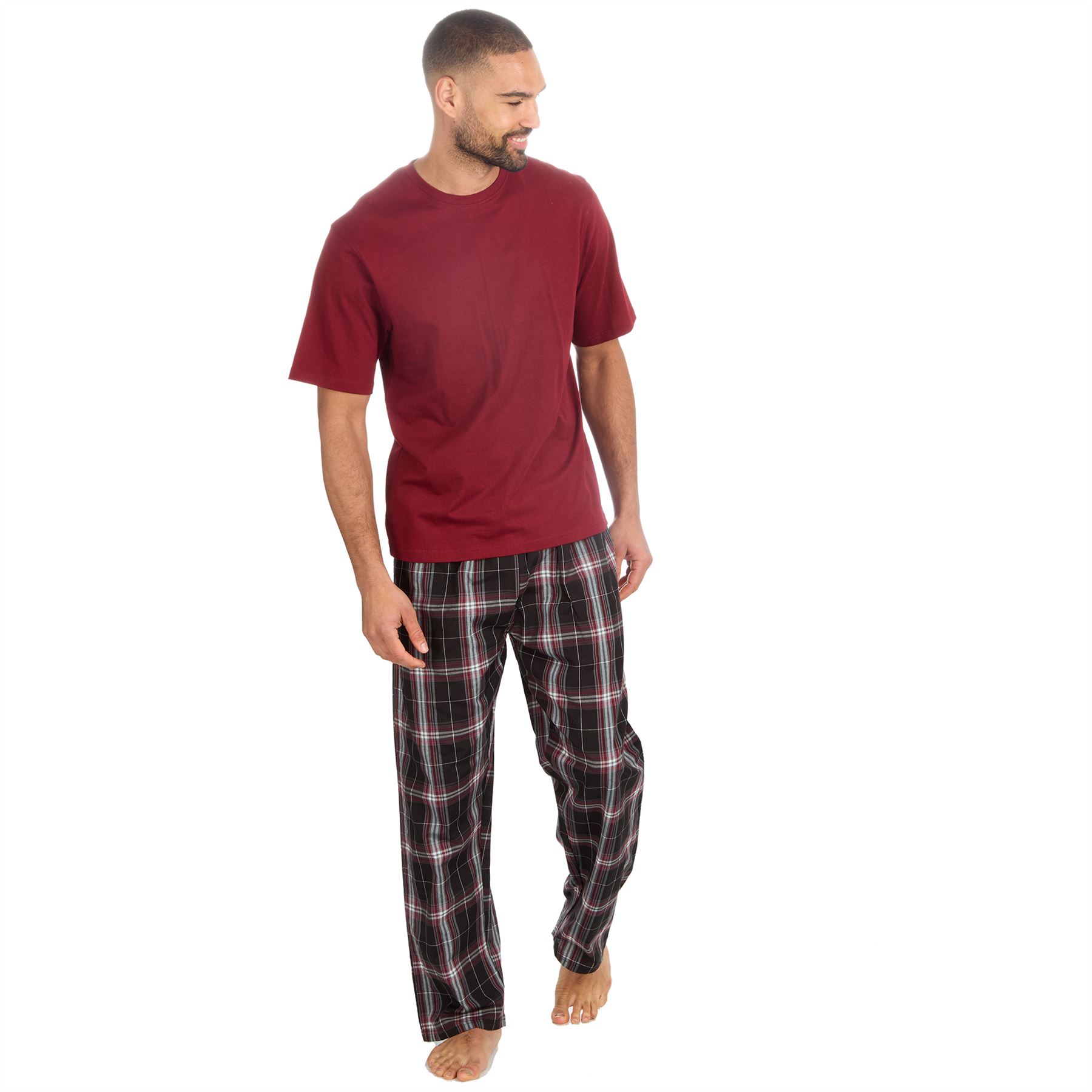 Mens Pyjamas Jersey Top Long Woven Check Pants Lounge Pyjama Set Pjs Nightwear - Picture 11 of 28