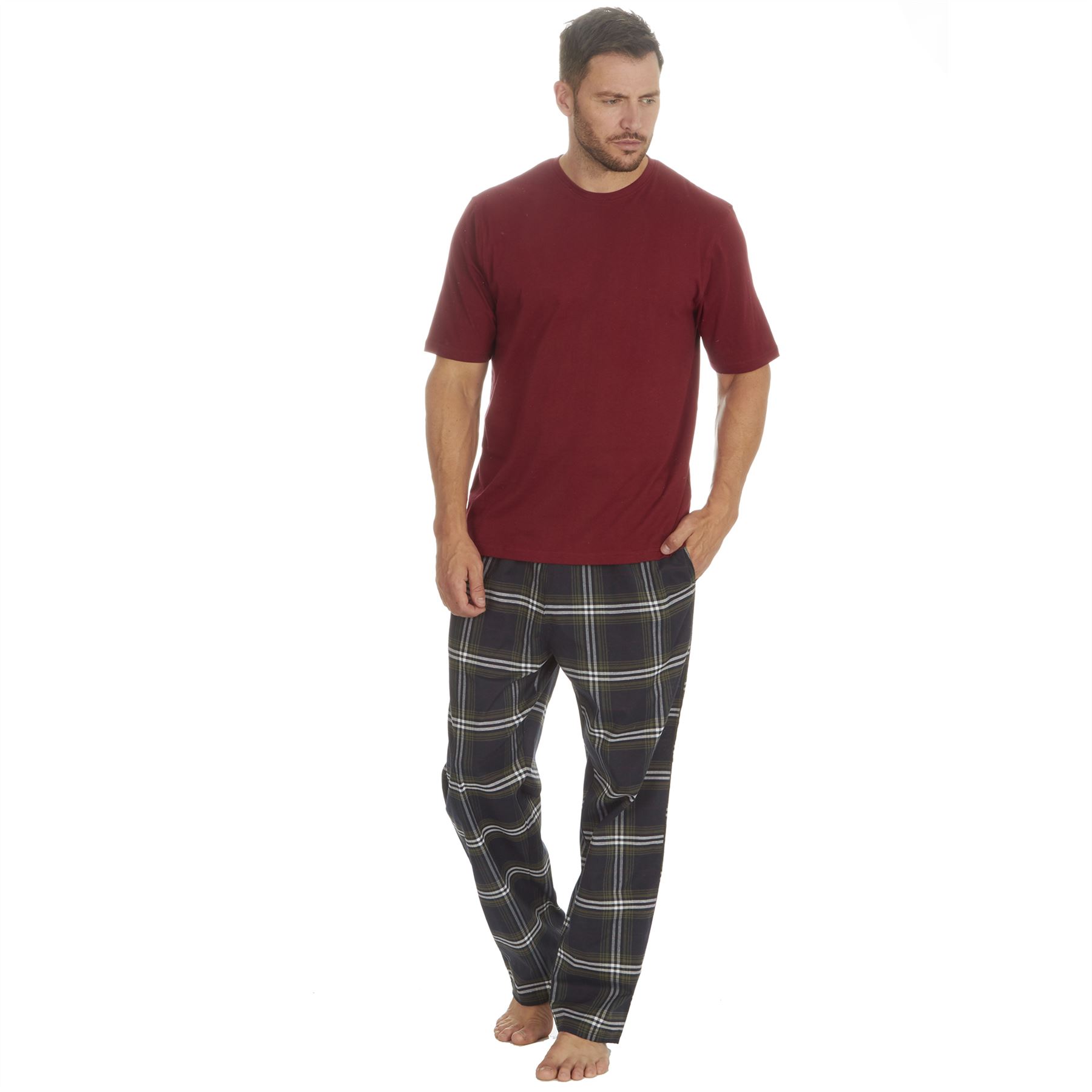 Mens Pyjamas Jersey Top Long Woven Check Pants Lounge Pyjama Set Pjs Nightwear - Picture 8 of 28