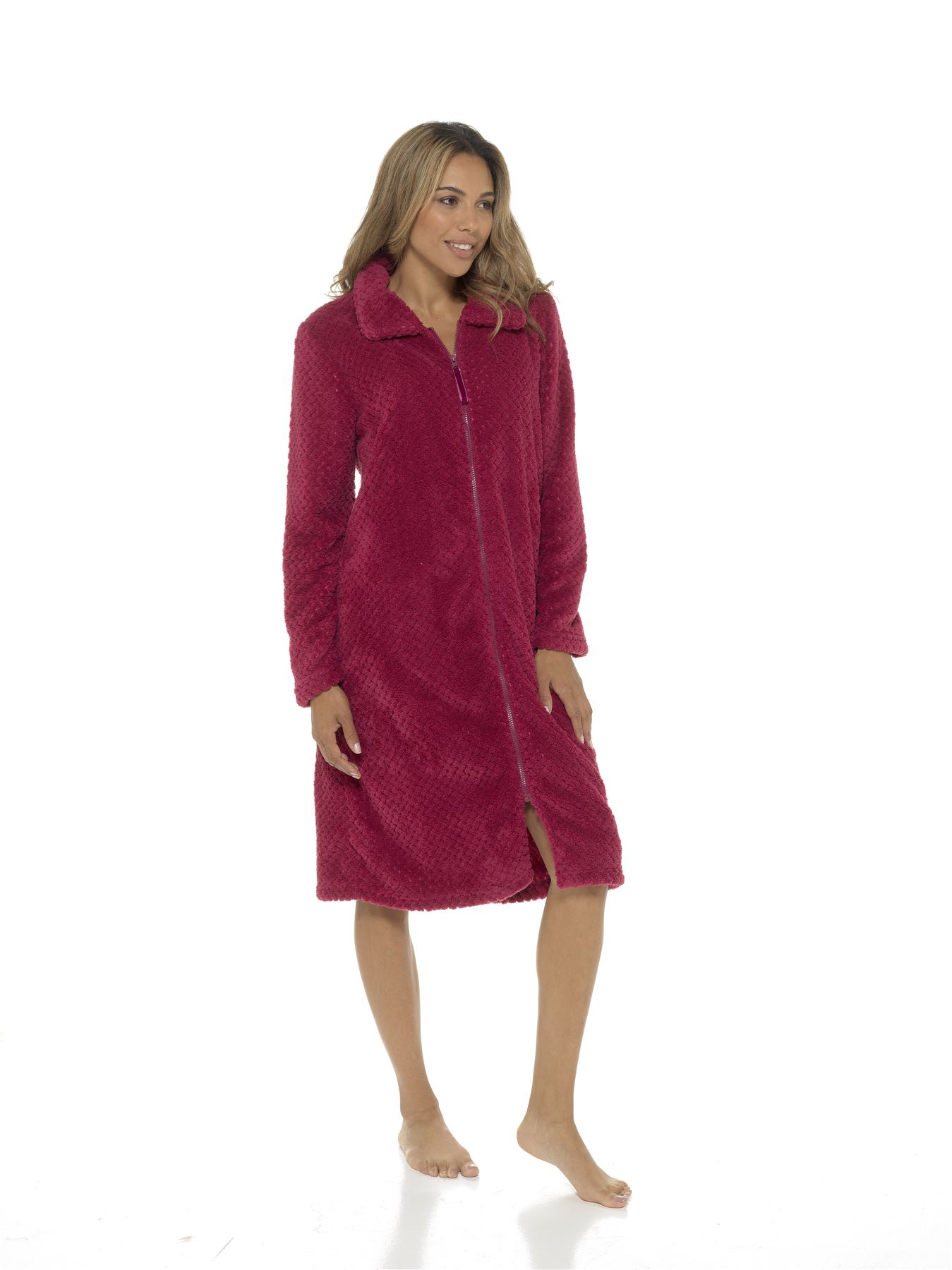 Waffle Zip Dressing Gown Undercover Soft Coral Fleece Zipped Bathrobe