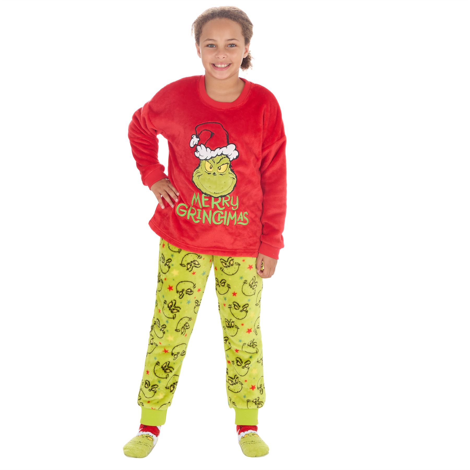 Grinch Fleece Schlafanzug passend Familie Weihnachten Unisex Erwachsene Kinder Pyjama Set - Bild 8 von 22