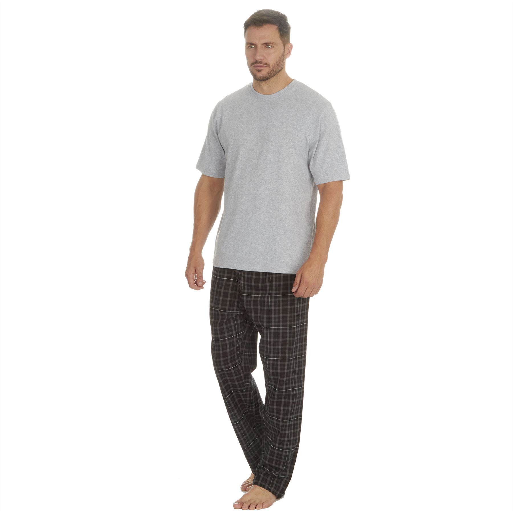Mens Pyjamas Jersey Top Long Woven Check Pants Lounge Pyjama Set Pjs Nightwear - Picture 19 of 28