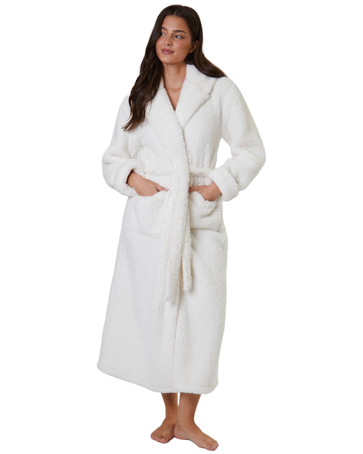 Ladies Chunky Sherpa Hooded Striped or Plain Midi Dressing Gown