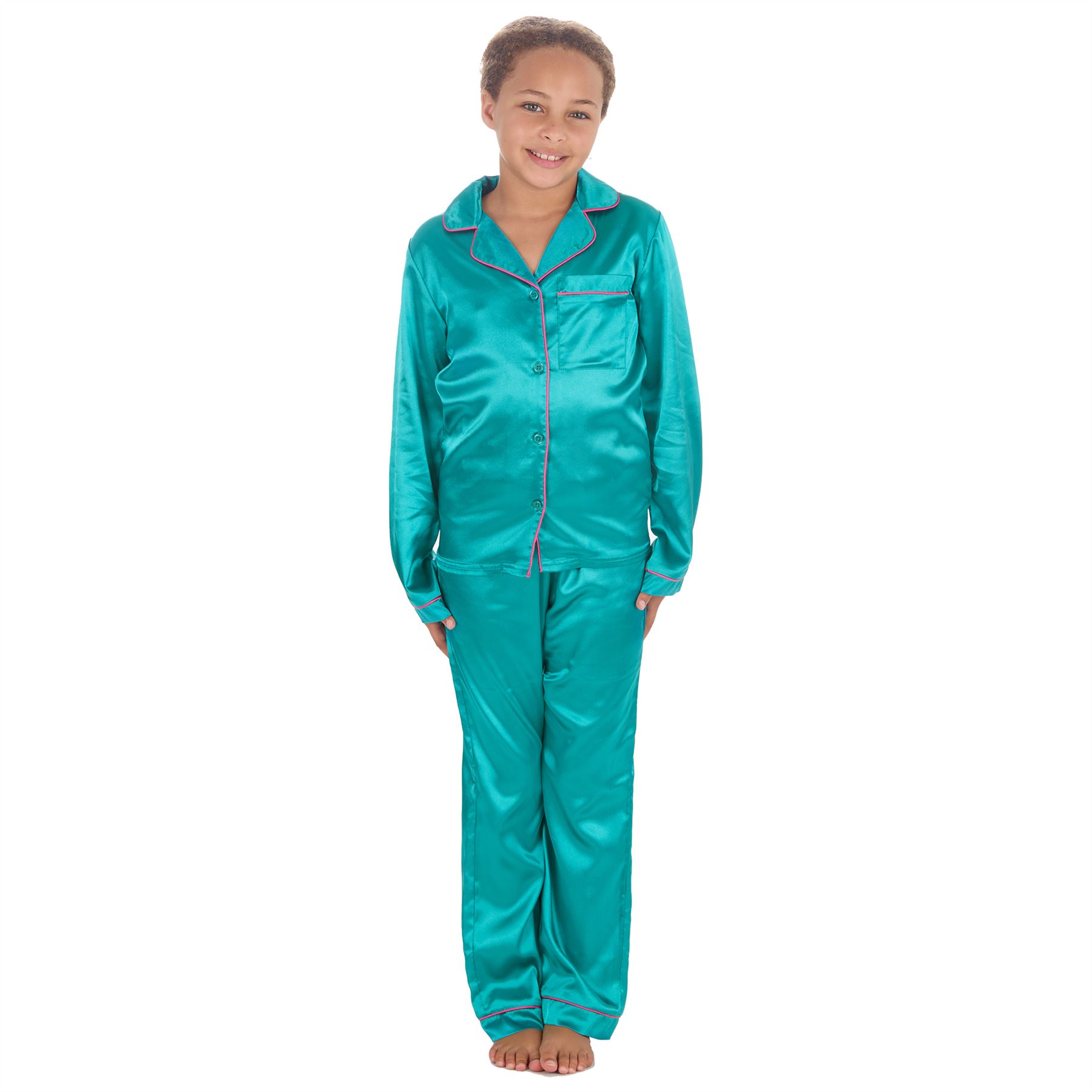 Girls Satin Long Pajamas Kids Long Sleeve Button Pajama Set PJs Nightwear - Picture 7 of 8