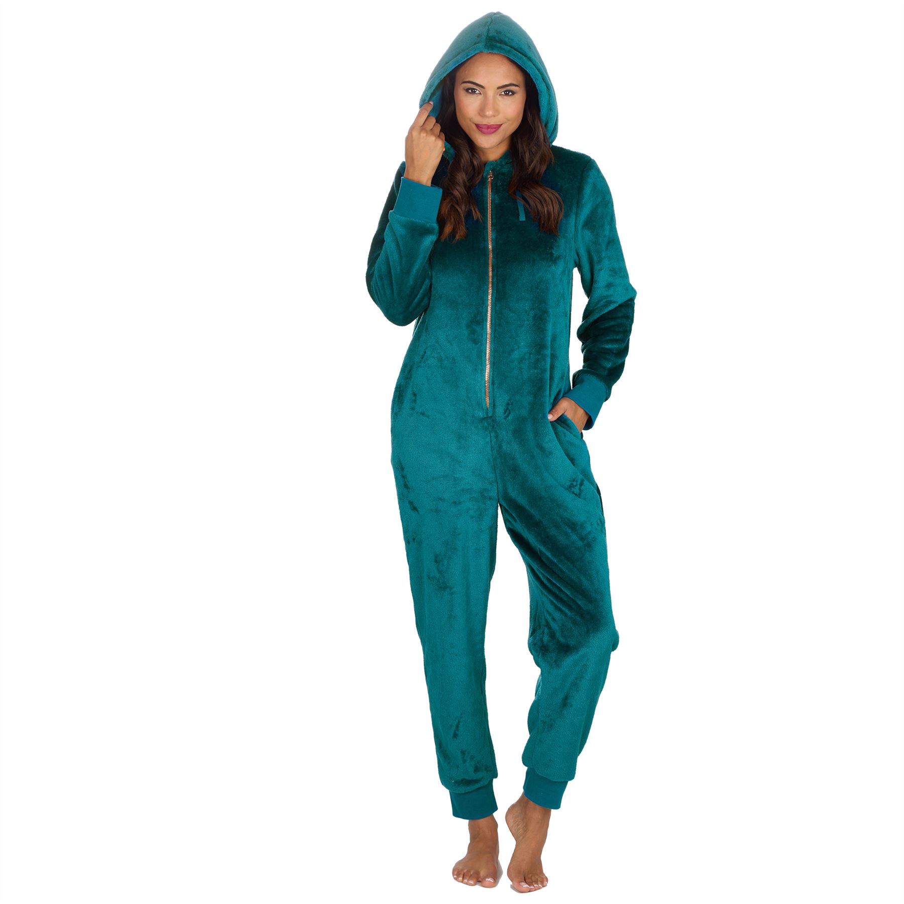 Ladies Fleece 1Onezie Soft Polished Hooded All In One Zip Jumpsuit Loungewear - Picture 8 of 13