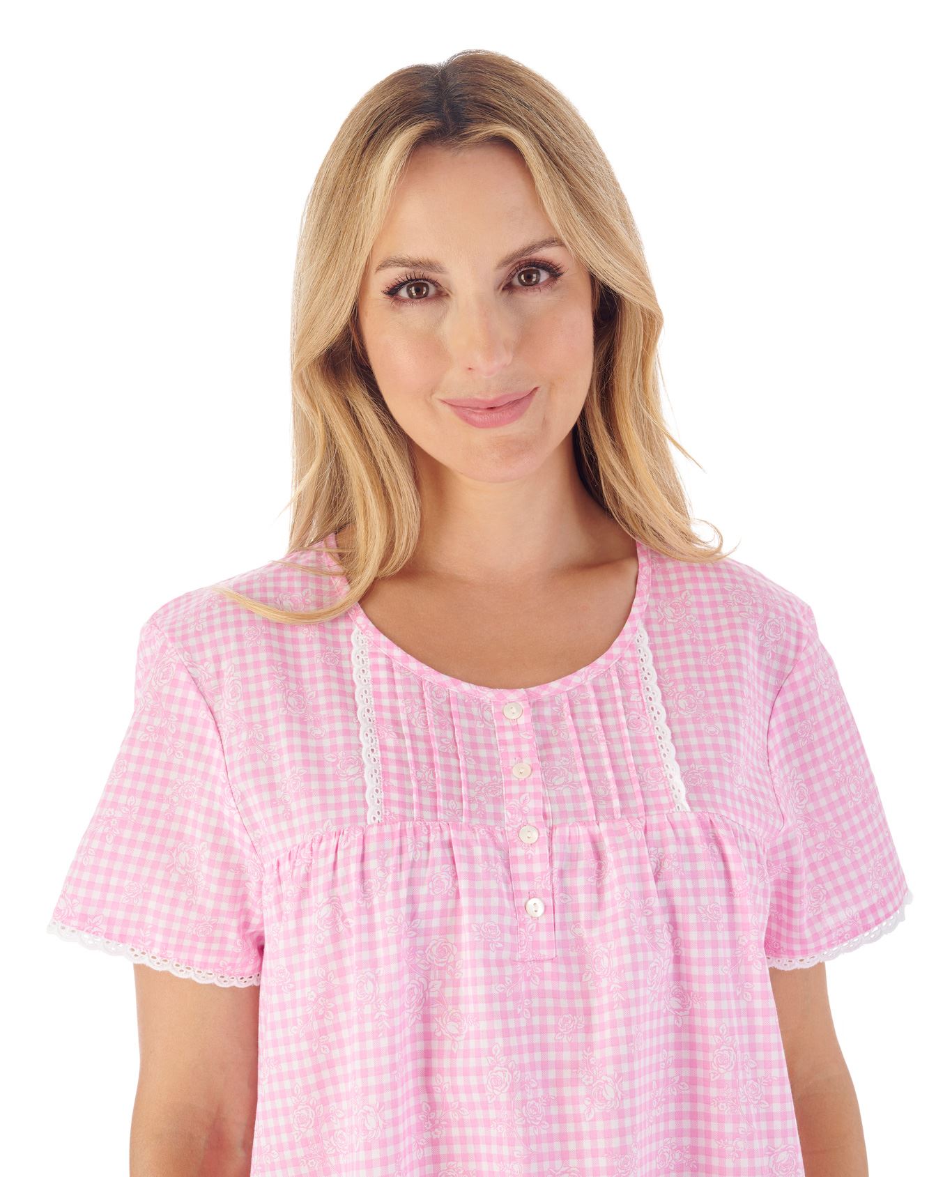 Slenderella Cotton Nightie Ladies Gingham Floral Woven Short Sleeve Nightdress - Picture 5 of 5