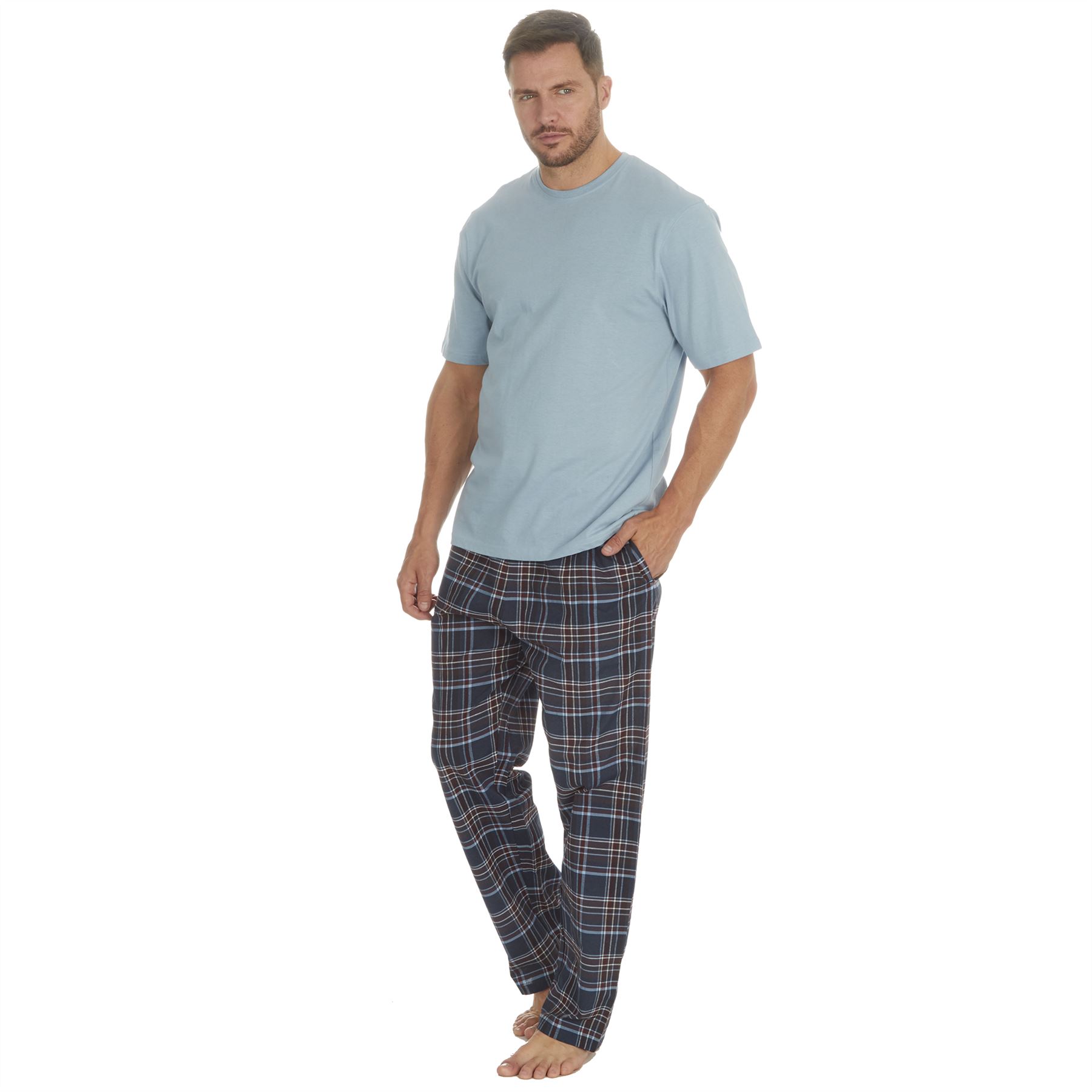 Mens Pyjamas Jersey Top Long Woven Check Pants Lounge Pyjama Set Pjs Nightwear - Picture 4 of 28