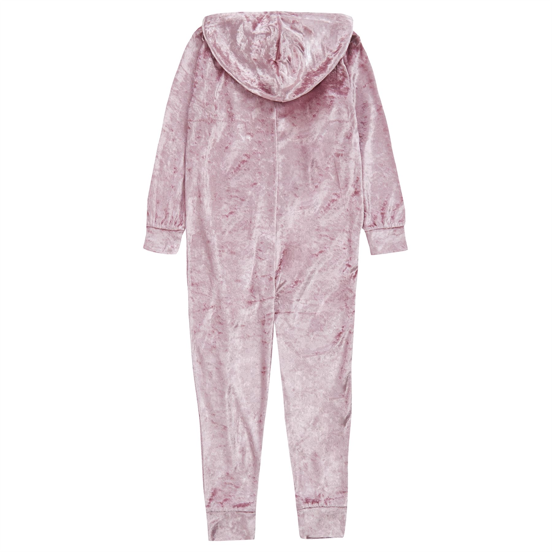 Girls Velvet 1Onesie Kids Crushed Velvet Shimmer All In One Zip Hooded Jumpsuit - Picture 6 of 7