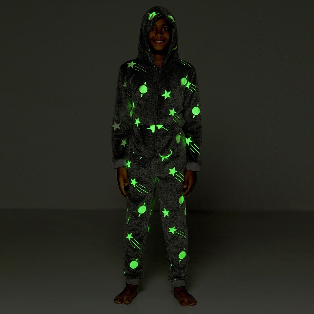 Glow In The Dark 1Onezie Kids Boys Girls Hooded All In One Zip Sleepsuit - Picture 12 of 22