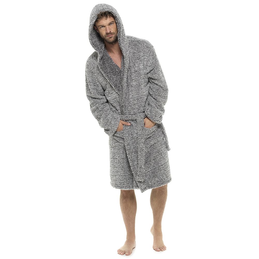 Mens Hooded Dressing Gown Soft Fleece Two Tone Wrap Housecoat Robe