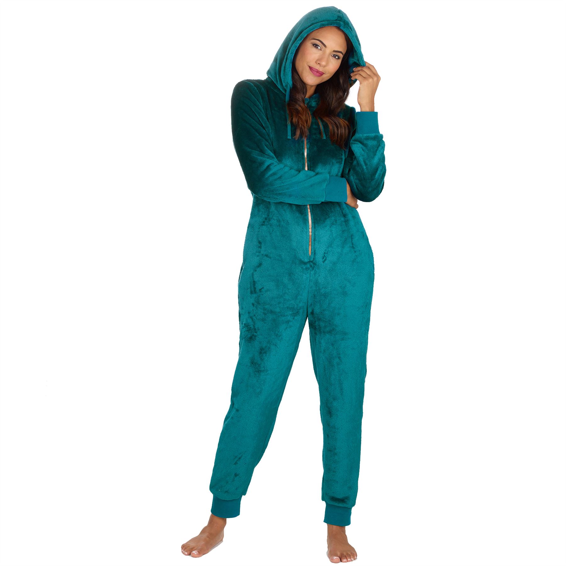 Ladies Fleece 1Onezie Soft Polished Hooded All In One Zip Jumpsuit Loungewear - Picture 9 of 13