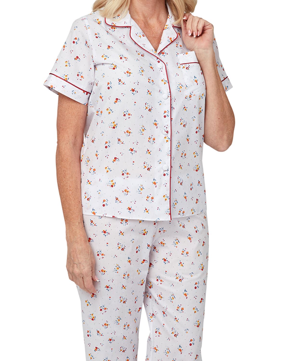 Marlon Woven Button Pyjamas Ladies Short Sleeve Floral Tailored Pyjama