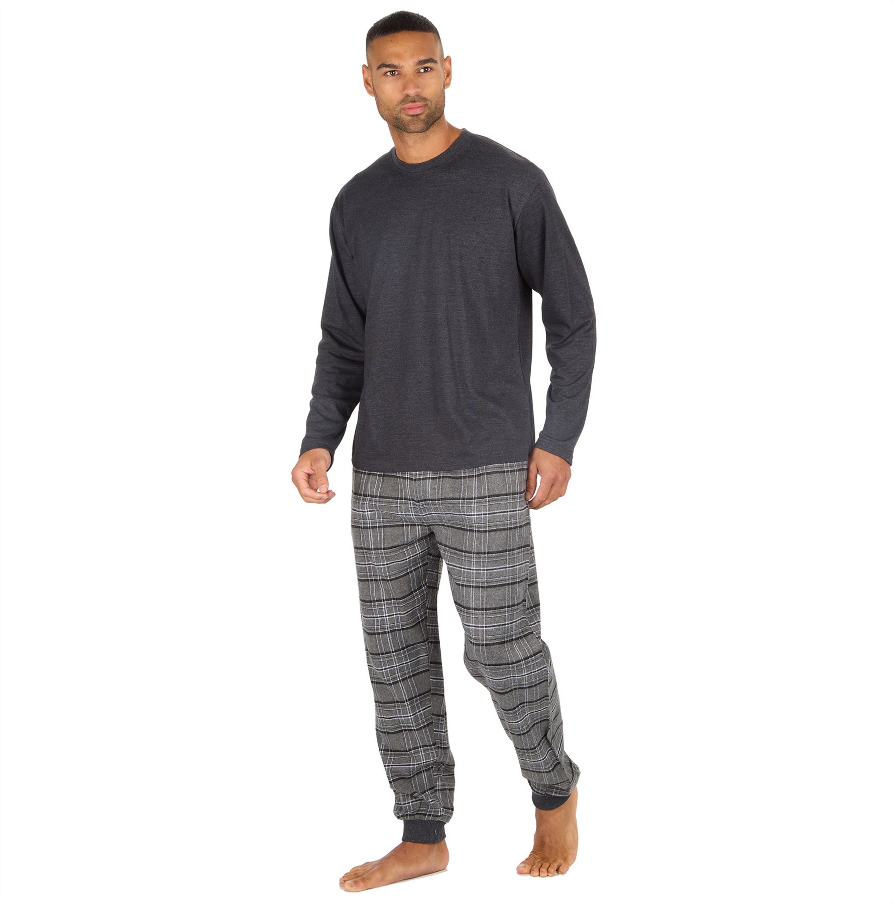 Mens Pyjama Set Adults Jersey & Flannel Cotton Blend Long Sleeve Lounge Pyjamas - Picture 15 of 25