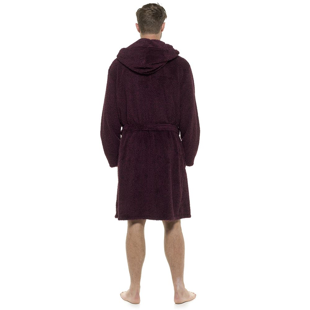 Mens Hooded Dressing Gown Soft Fleece Two Tone Wrap Housecoat Robe