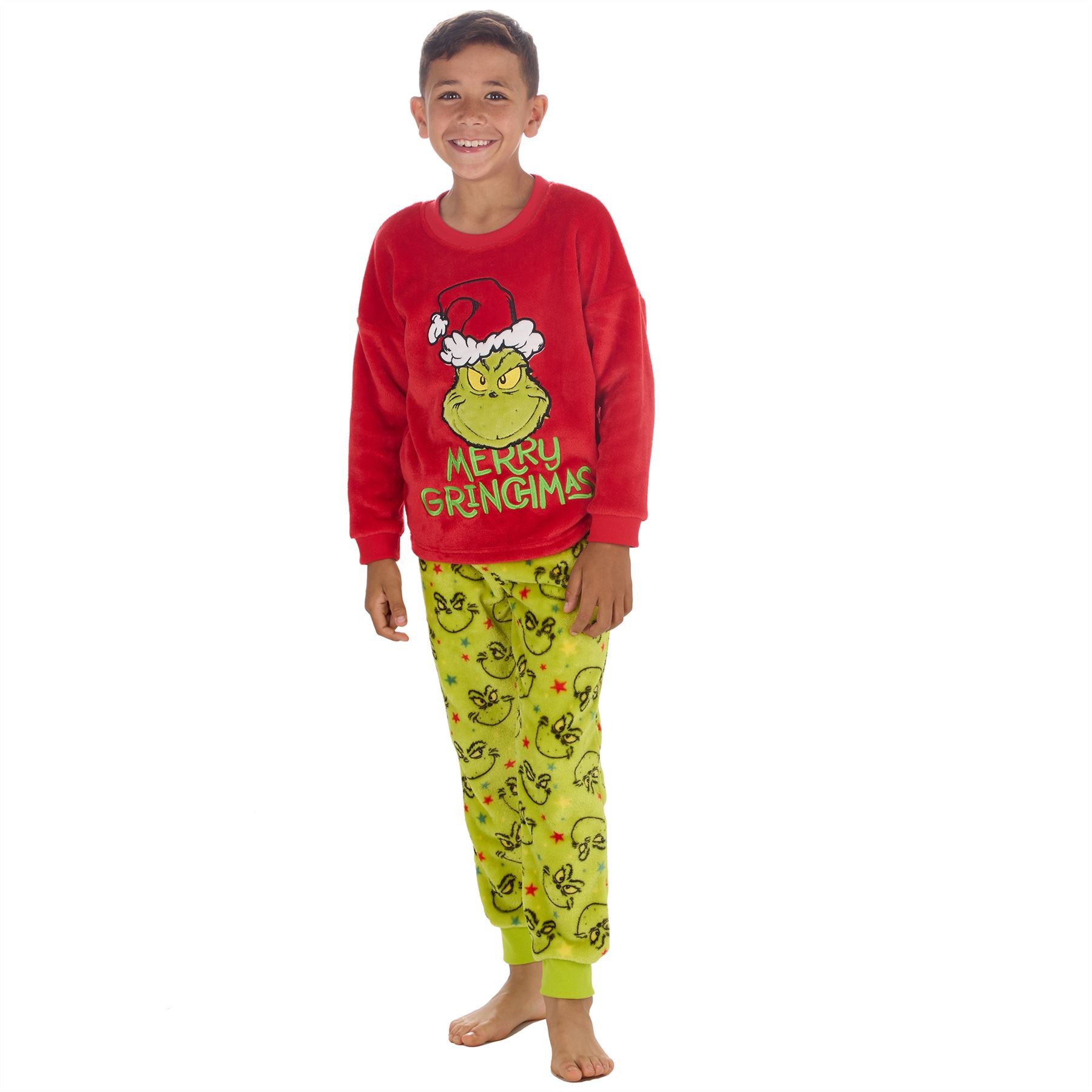 Grinch Fleece Schlafanzug passend Familie Weihnachten Unisex Erwachsene Kinder Pyjama Set - Bild 9 von 22
