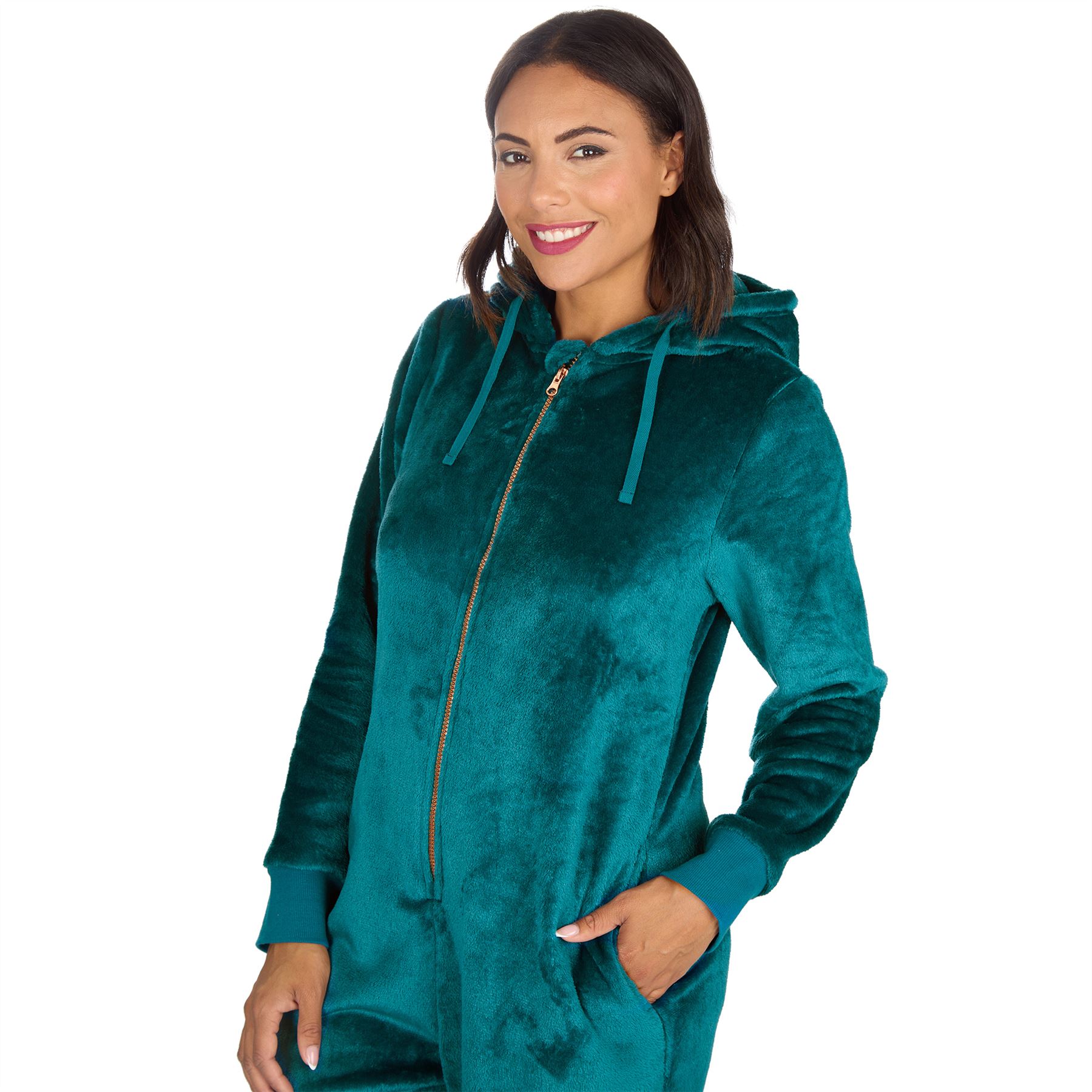 Ladies Fleece 1Onezie Soft Polished Hooded All In One Zip Jumpsuit Loungewear - Picture 13 of 13