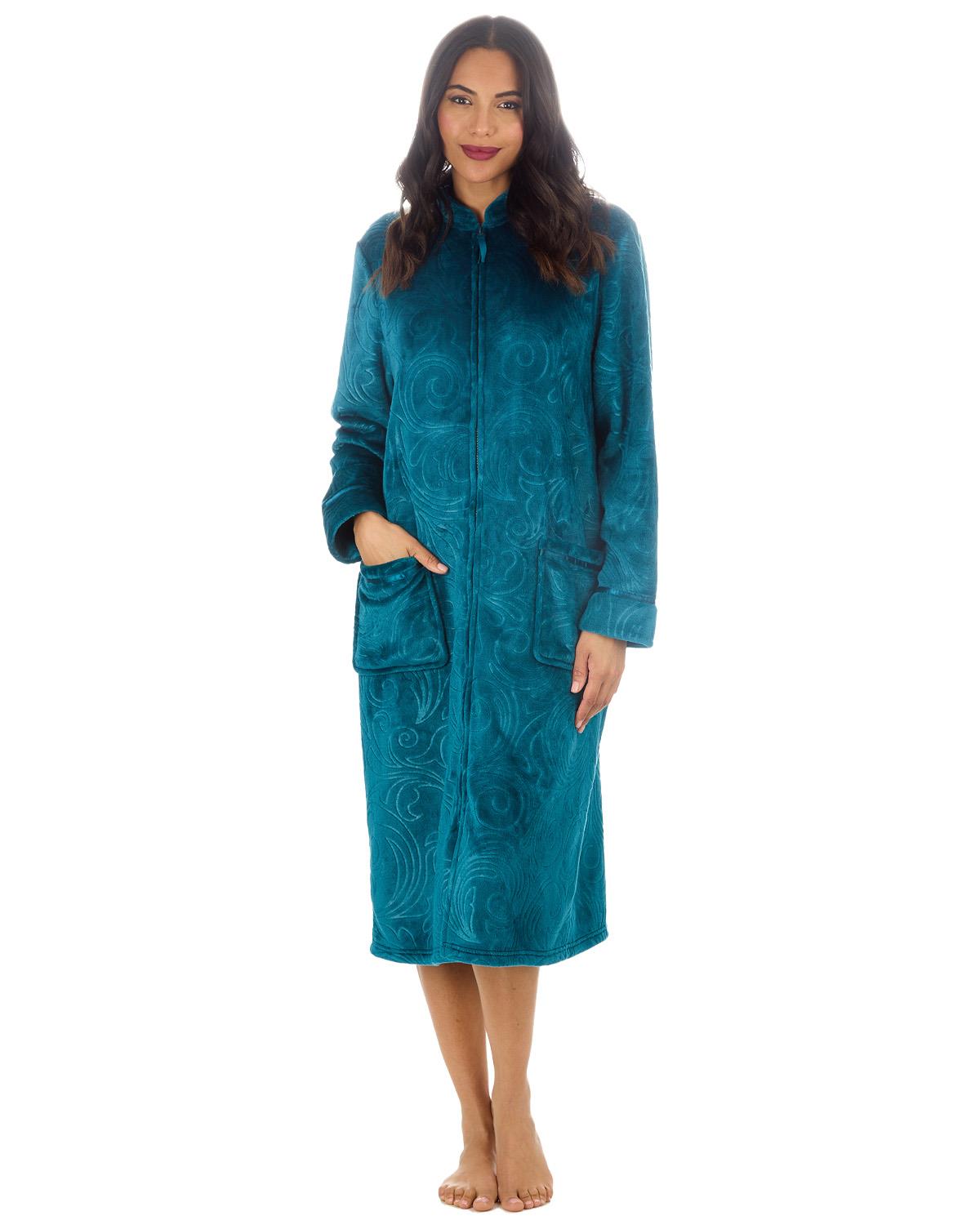 Ladies Embossed Zip Robe Soft Feel Coral Fleece Dressing Gown Nightwear |  eBay