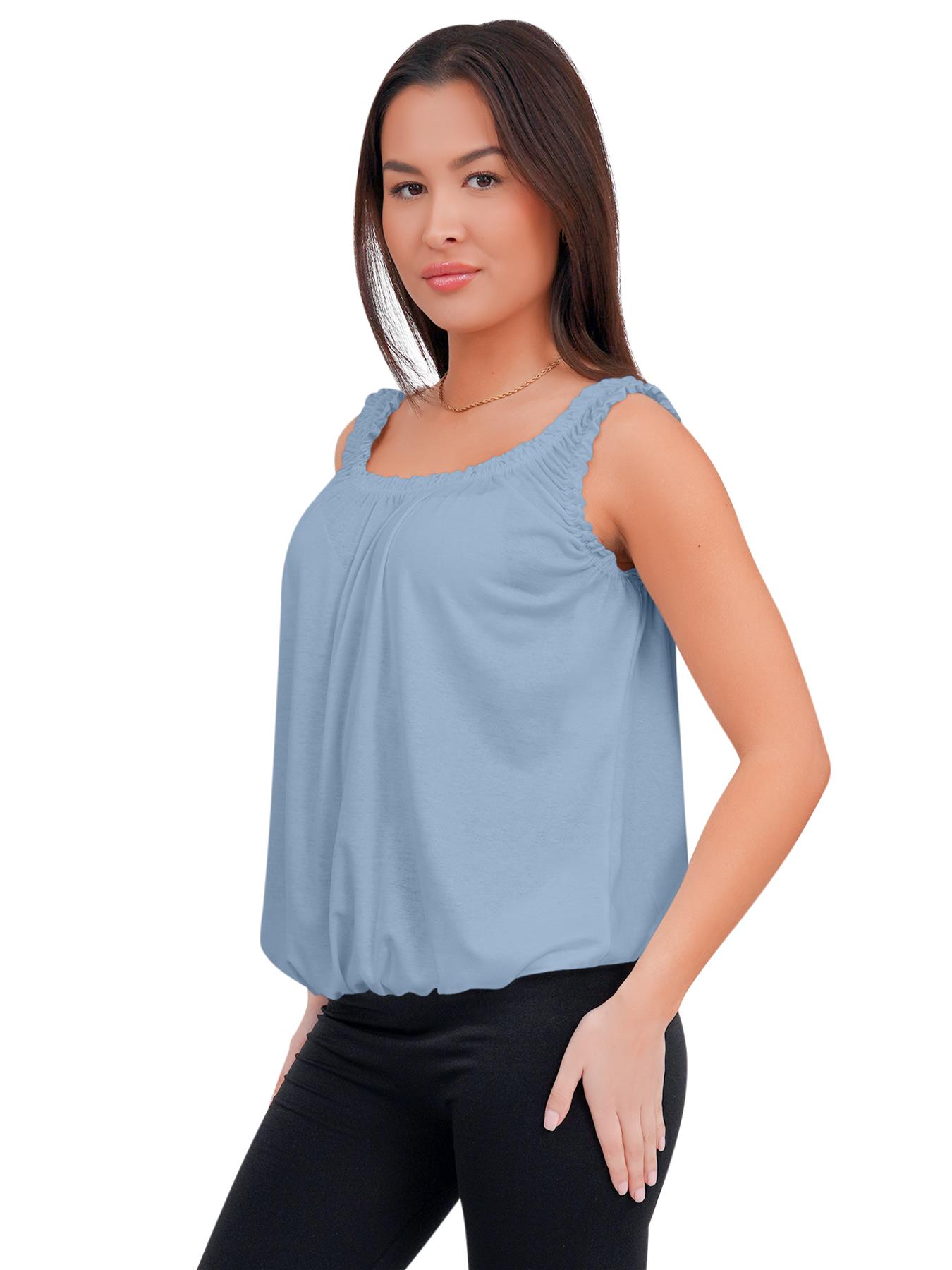 Women Round Scoop Neckline Gathered Vest Top Ladies Elastic Bubble Hem Summer - Picture 119 of 138