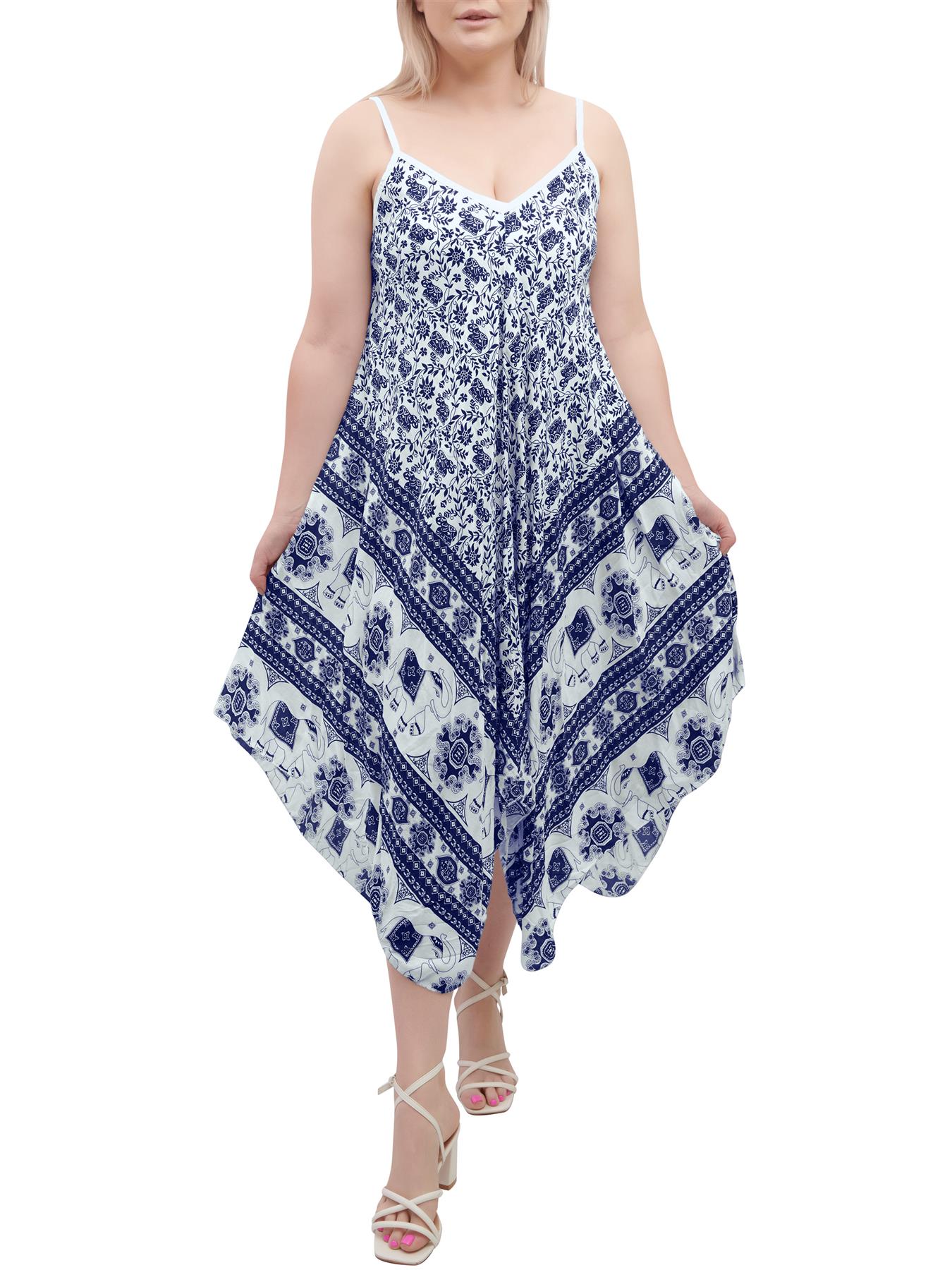 Womens Sleeveless Italian V Neck Hanky Dress Elephant Print Strappy Summer Maxi - Picture 61 of 72