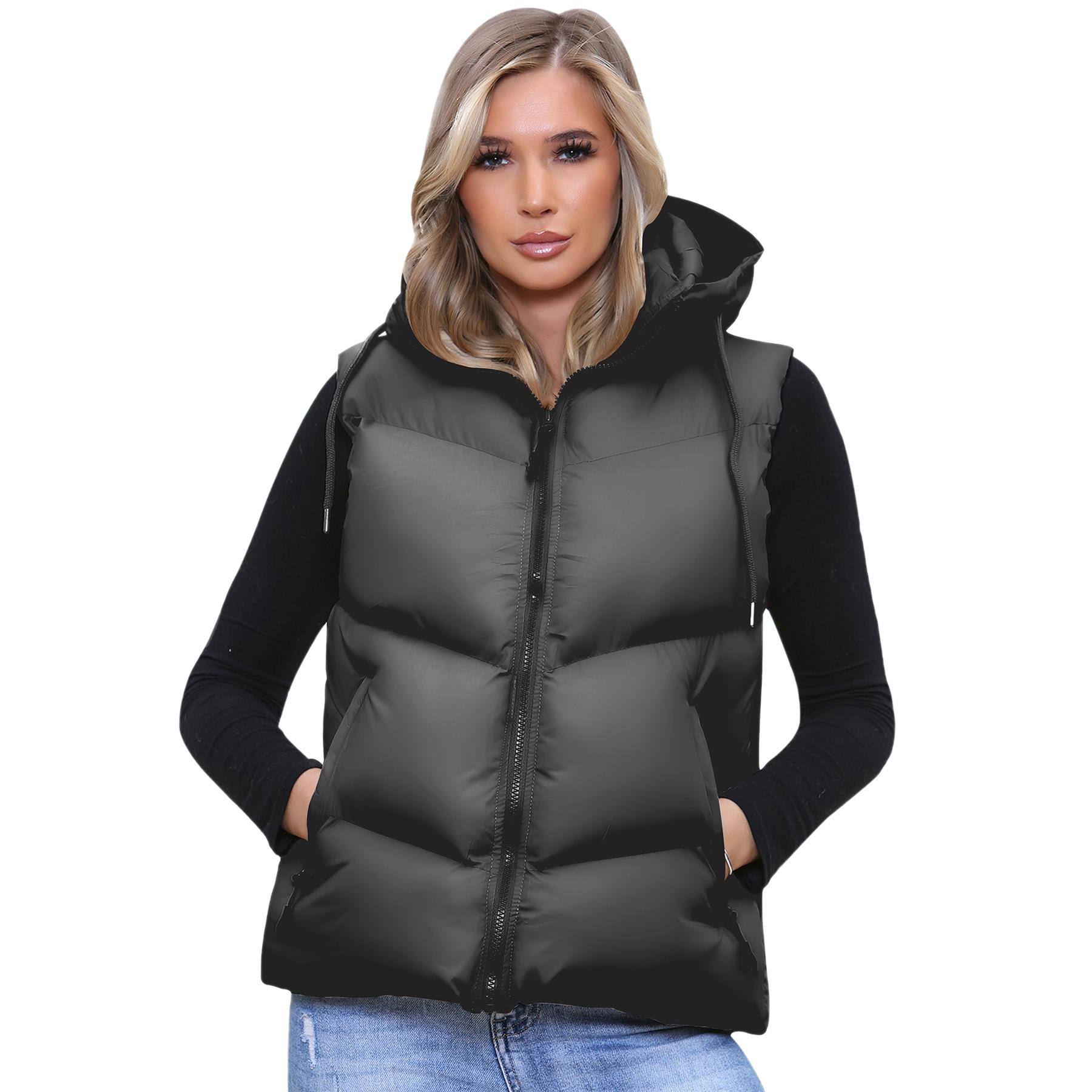 Women Italian Short Gillet Sleeveless Puffer Hooded Lightweight Zip Up Jacket - Picture 5 of 10