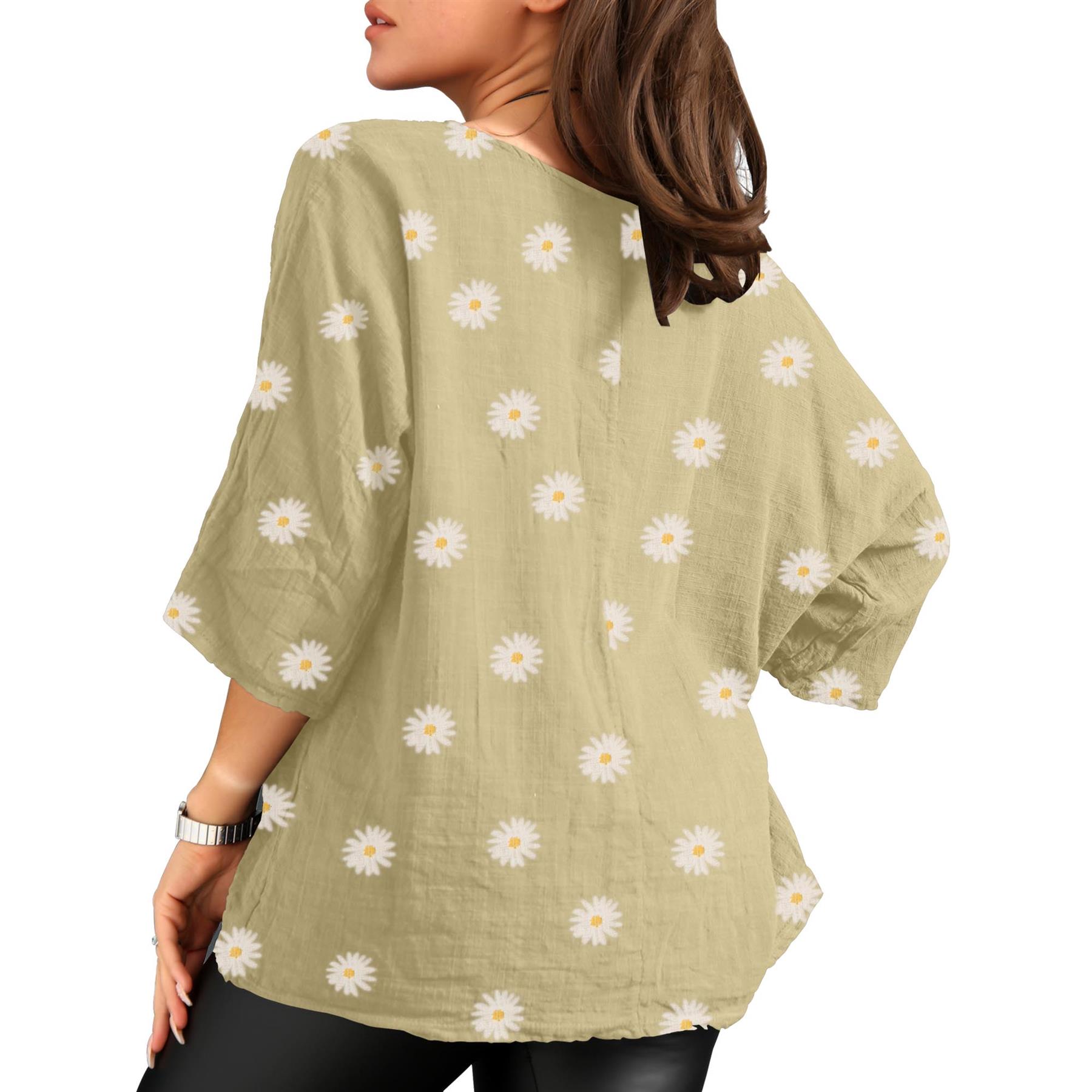 Women's Italian Lagenlook Cotton Top Daisy Floral Print 3/4 Sleeves Tunic Shirt - Picture 29 of 63