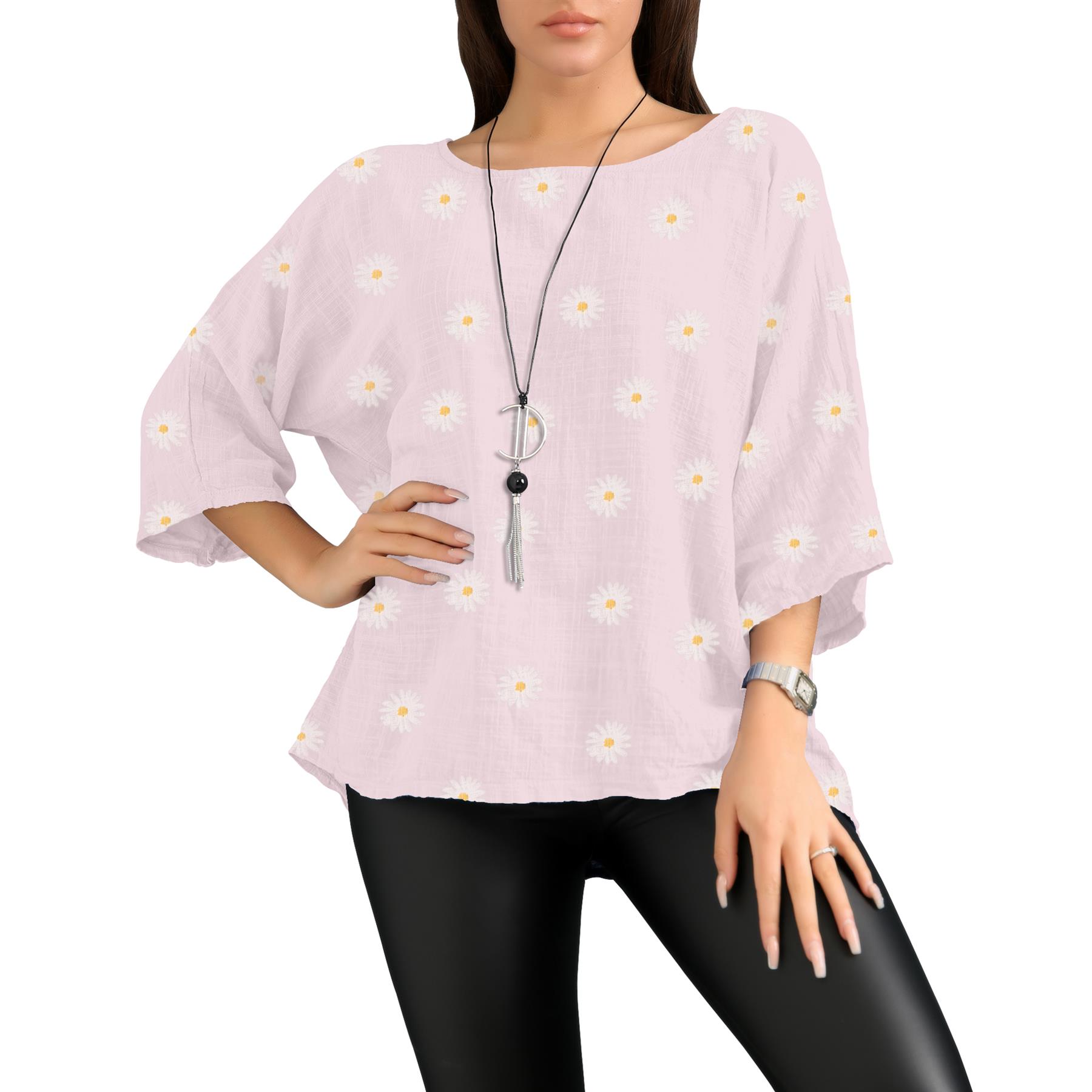 Women's Italian Lagenlook Cotton Top Daisy Floral Print 3/4 Sleeves Tunic Shirt - Picture 6 of 63