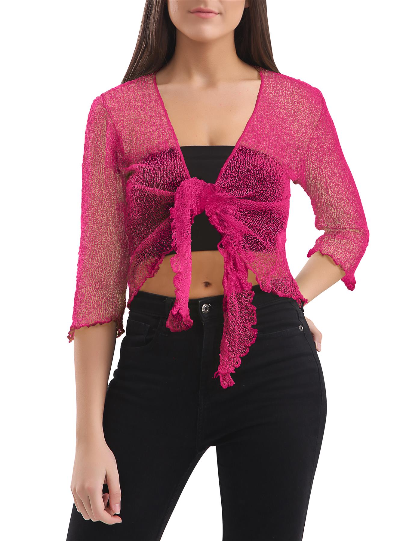Womens Tie Up Open Front Shrug Ladies Knitted Cropped Bolero beach summer Top - Picture 43 of 169