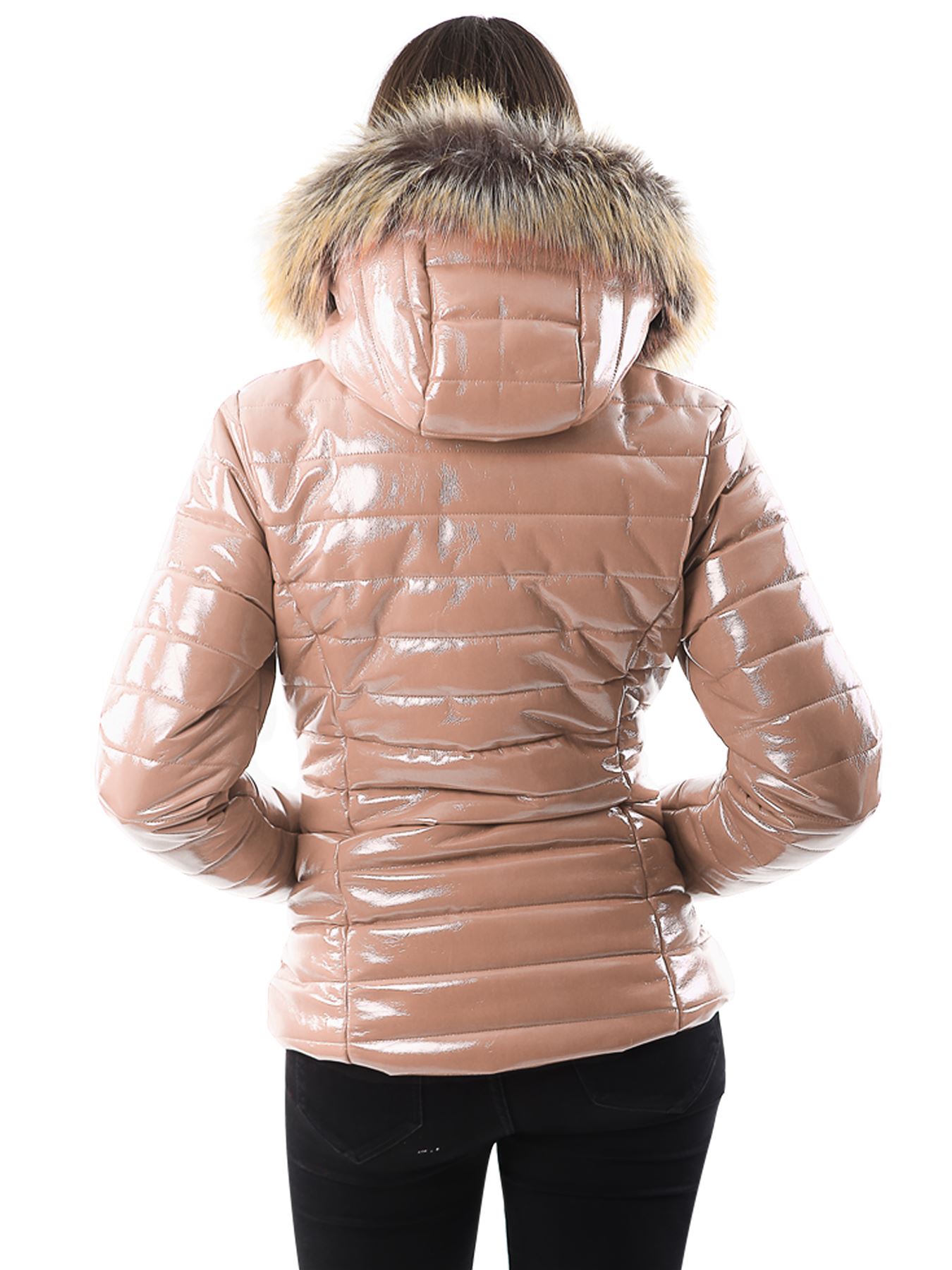 Womens Jacket Ladies Quilted Wet Look Shiny Padded Puffer Faux Fur