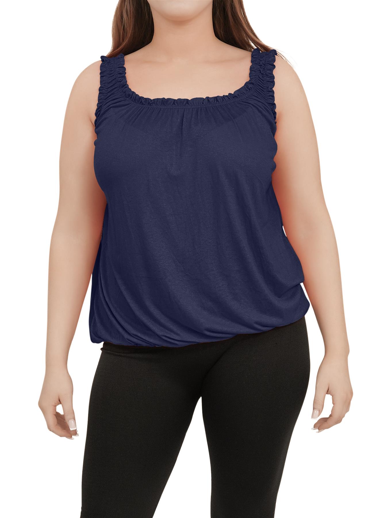 Women Round Scoop Neckline Gathered Vest Top Ladies Elastic Bubble Hem Summer - Picture 95 of 138