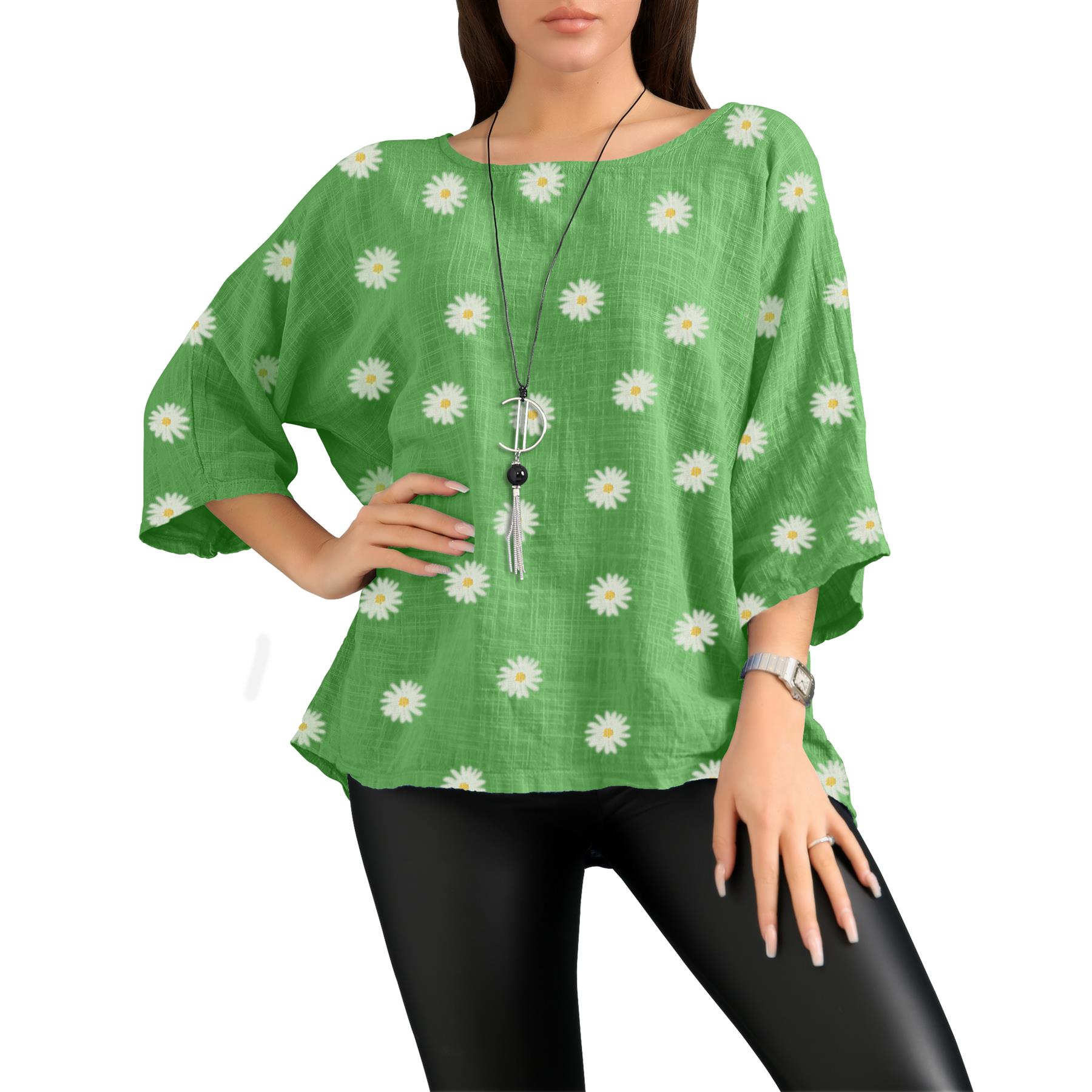 Women's Italian Lagenlook Cotton Top Daisy Floral Print 3/4 Sleeves Tunic Shirt - Picture 12 of 63