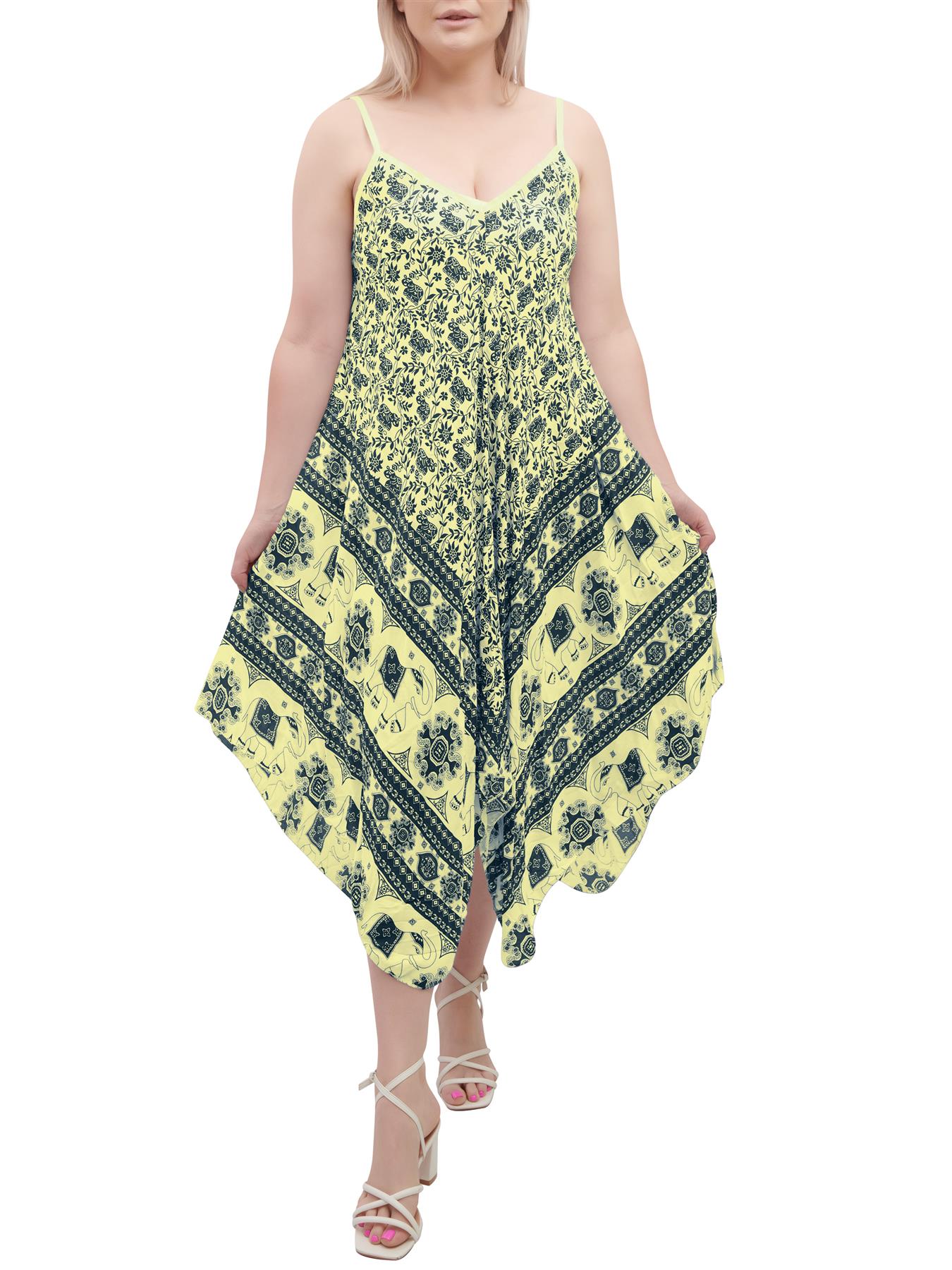 Womens Sleeveless Italian V Neck Hanky Dress Elephant Print Strappy Summer Maxi - Picture 40 of 72