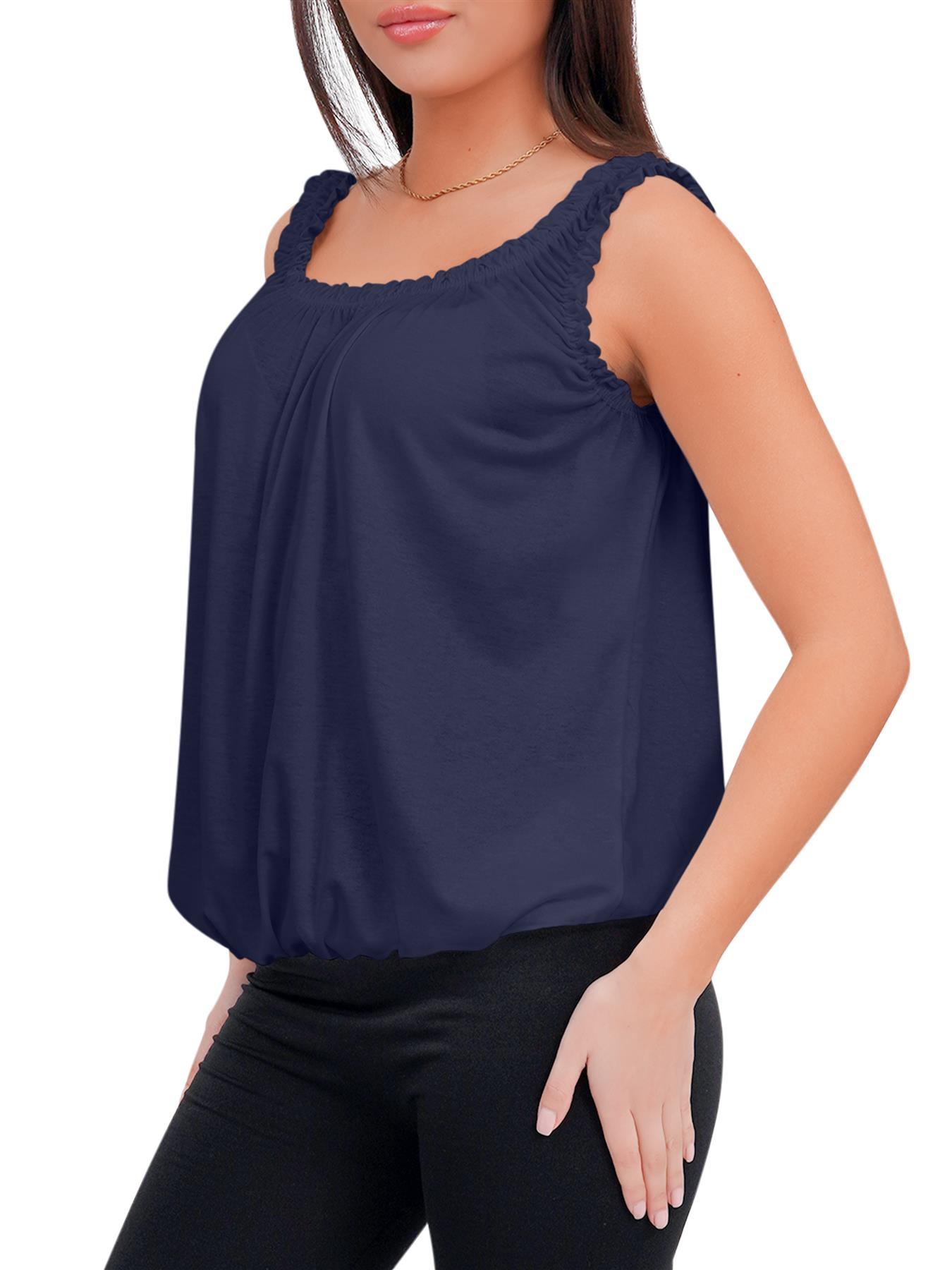 Women Round Scoop Neckline Gathered Vest Top Ladies Elastic Bubble Hem Summer - Picture 94 of 138