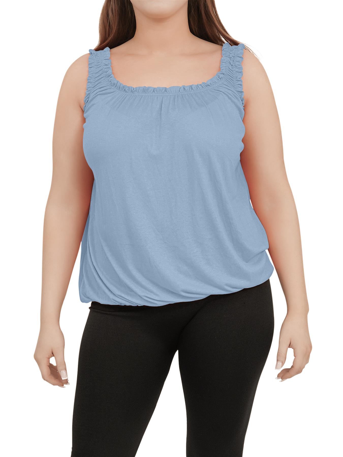 Women Round Scoop Neckline Gathered Vest Top Ladies Elastic Bubble Hem Summer - Picture 120 of 138