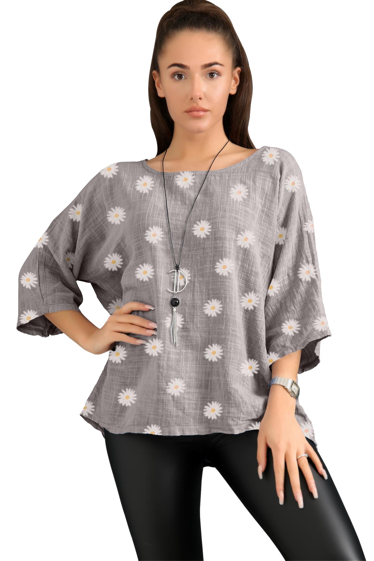 Women's Italian Lagenlook Cotton Top Daisy Floral Print 3/4 Sleeves Tunic Shirt - Picture 40 of 63
