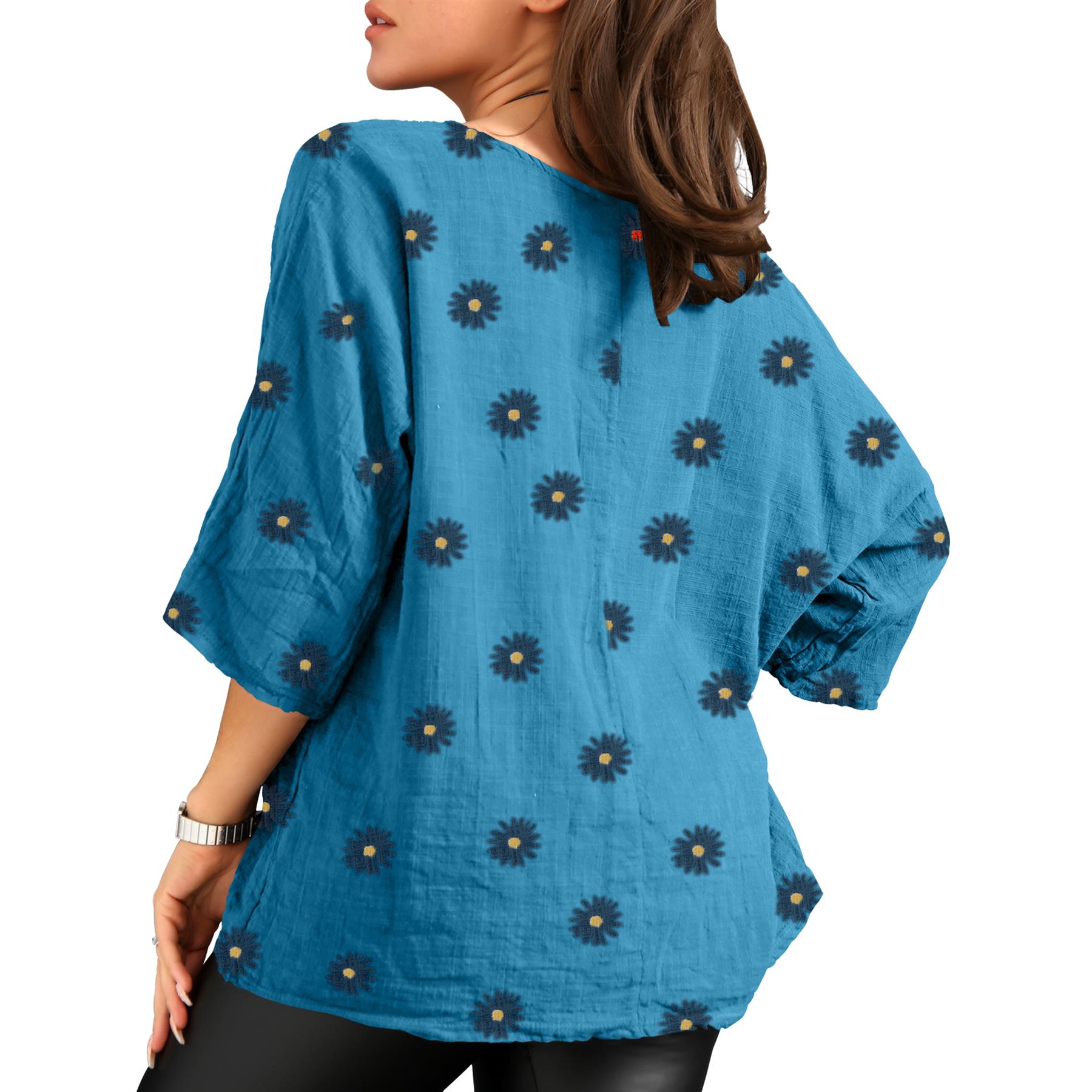 Women's Italian Lagenlook Cotton Top Daisy Floral Print 3/4 Sleeves Tunic Shirt - Picture 57 of 63