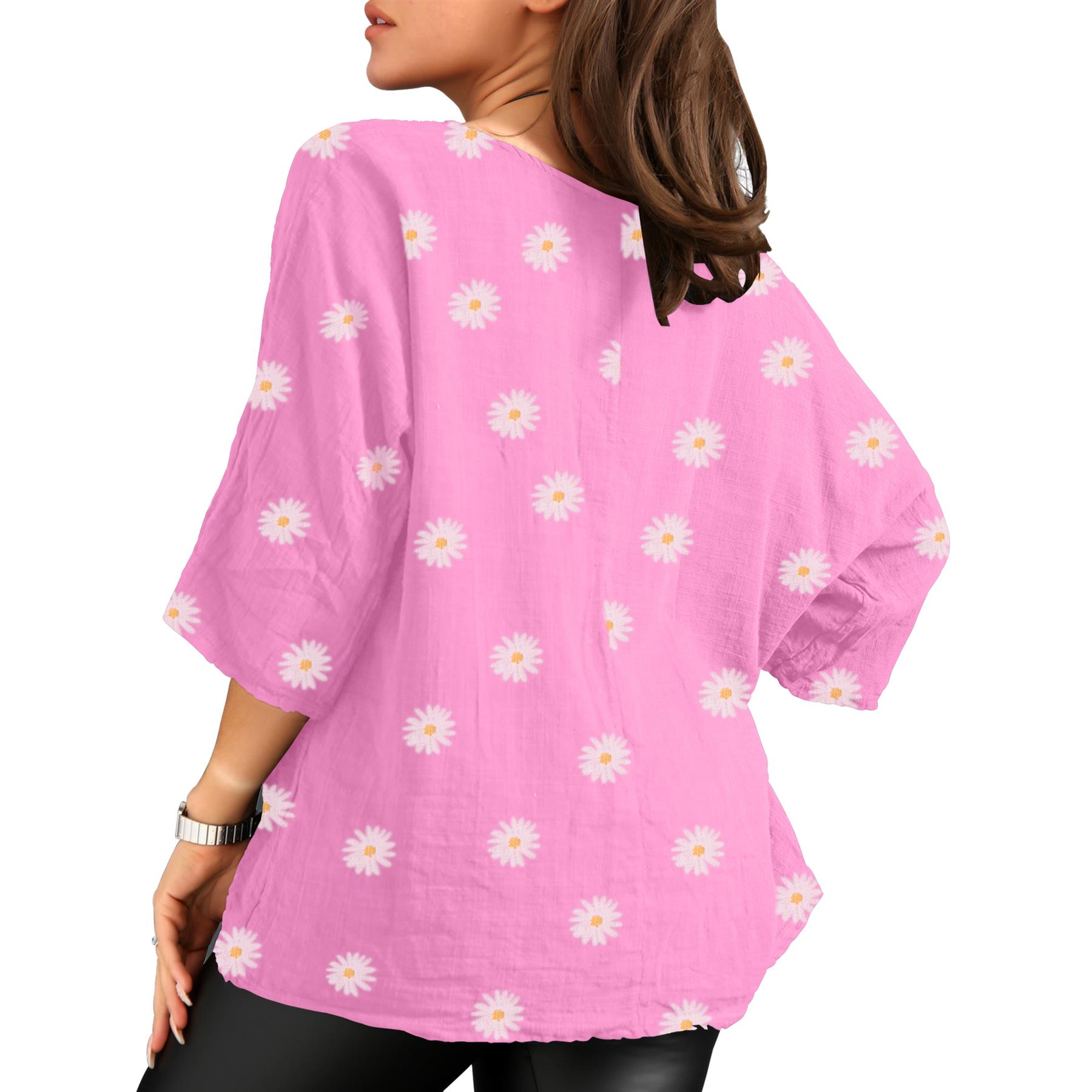 Women's Italian Lagenlook Cotton Top Daisy Floral Print 3/4 Sleeves Tunic Shirt - Picture 23 of 63