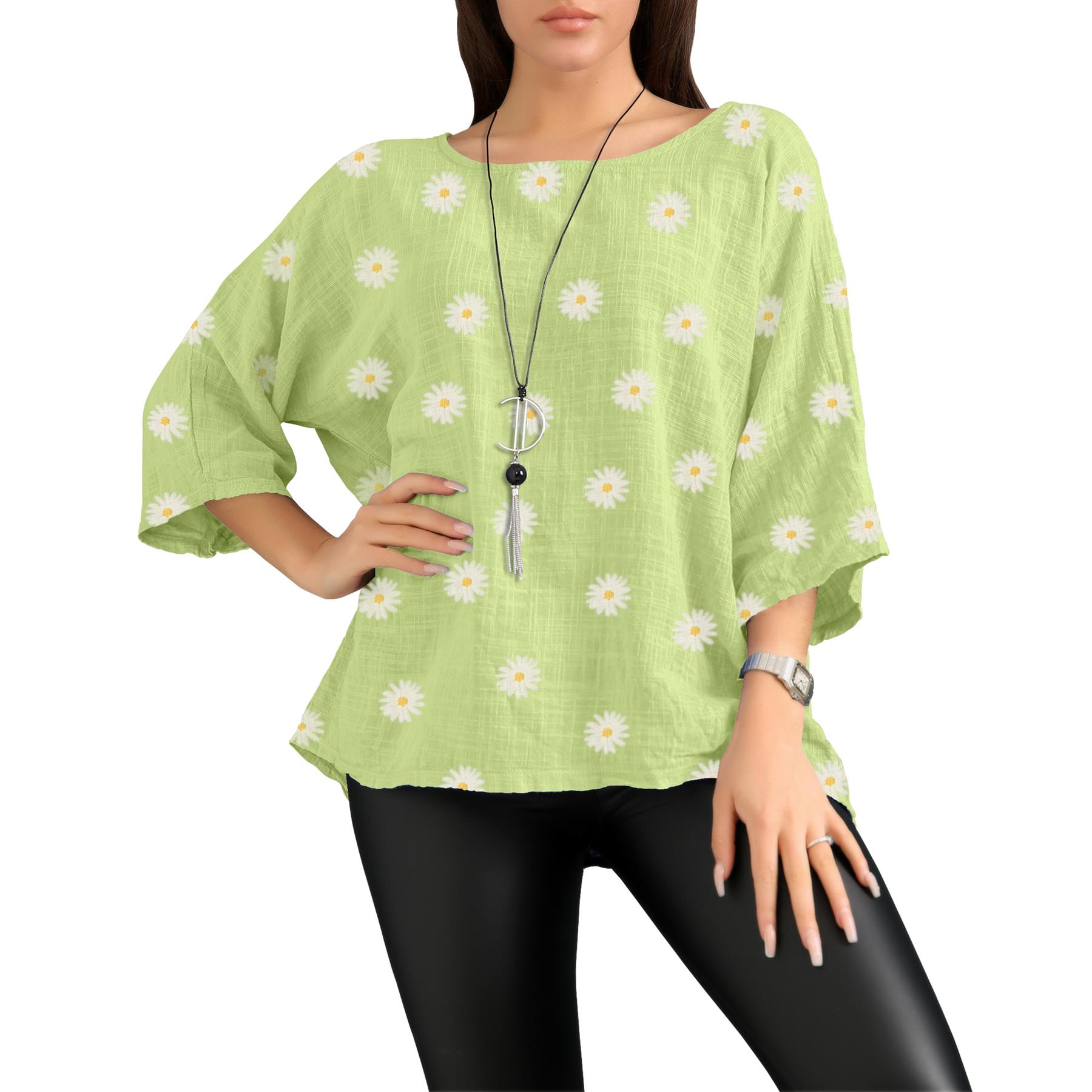 Women's Italian Lagenlook Cotton Top Daisy Floral Print 3/4 Sleeves Tunic Shirt - Picture 36 of 63