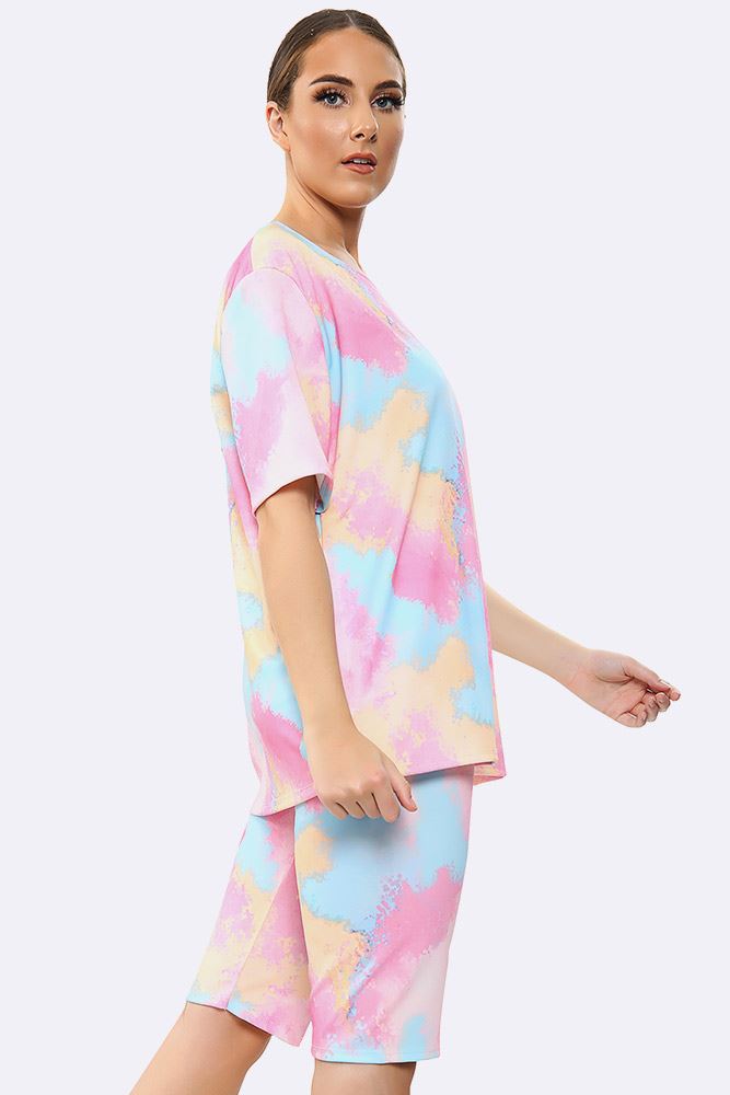 New Womens Summer T-Shirt and Cycling Shorts Set Tie Dye Co-ord Set - Picture 11 of 12