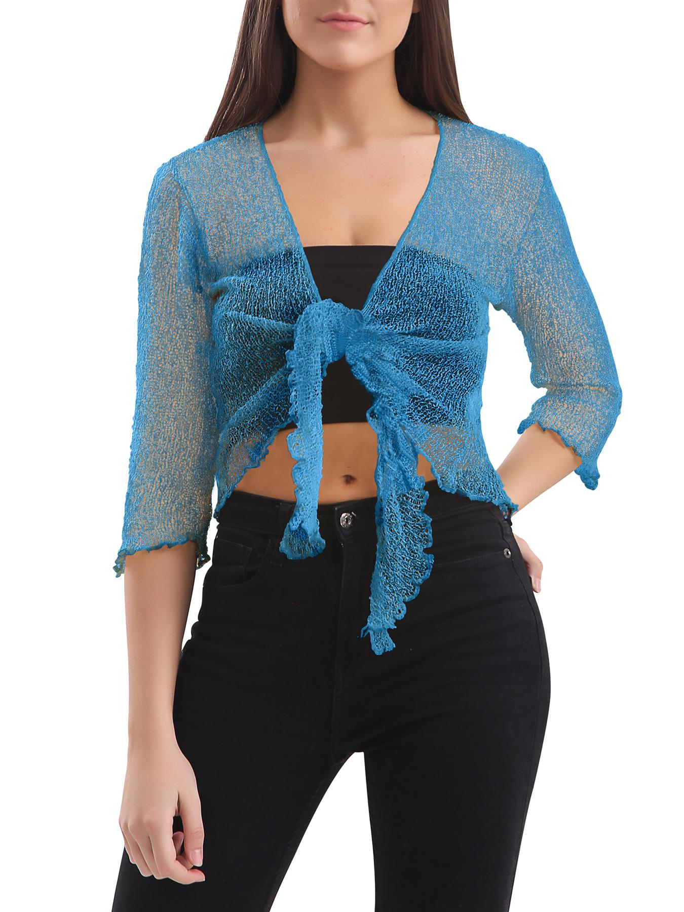 Womens Tie Up Open Front Shrug Ladies Knitted Cropped Bolero beach summer Top - Picture 116 of 169
