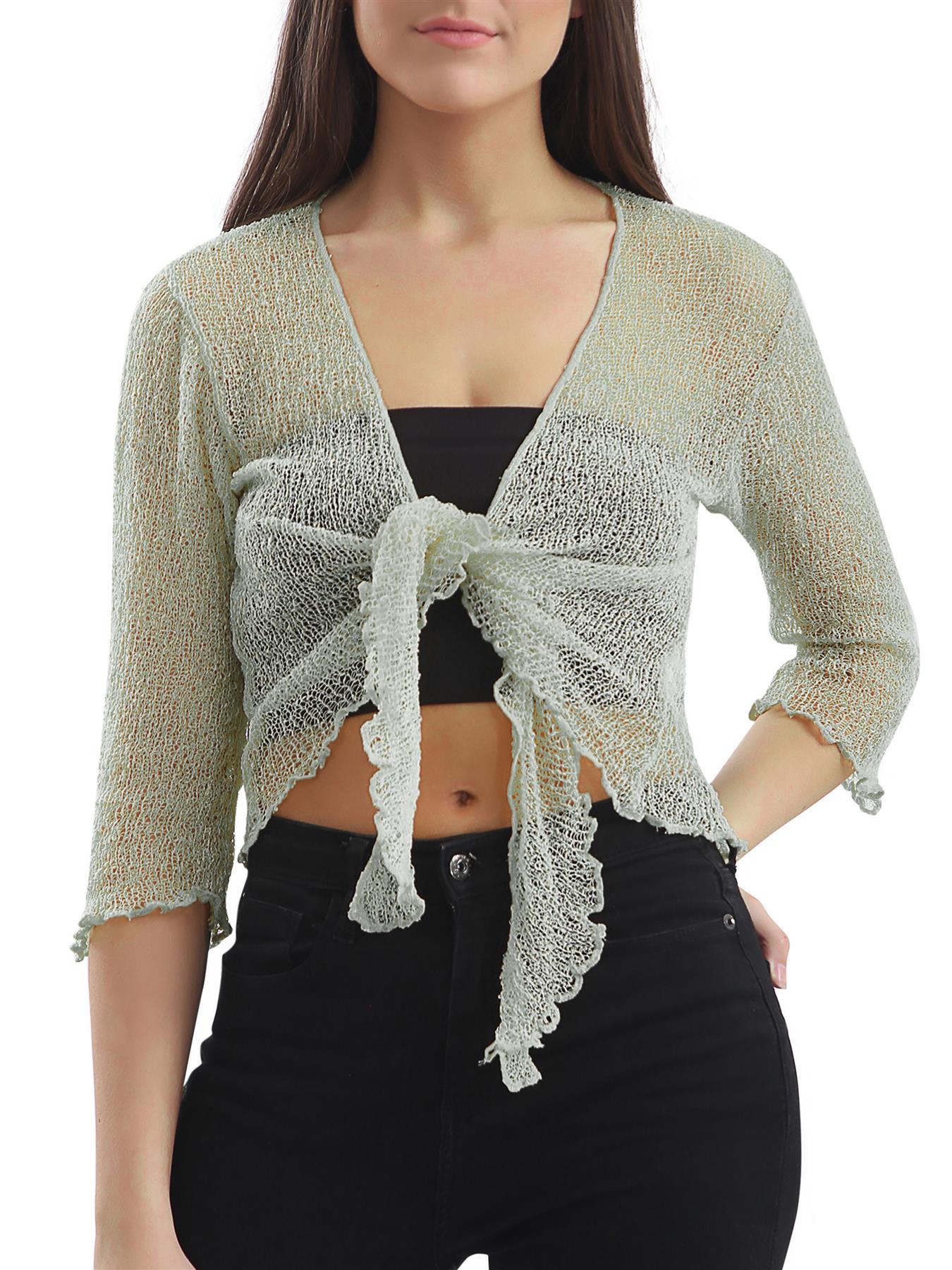 Womens Tie Up Open Front Shrug Ladies Knitted Cropped Bolero beach summer Top - Picture 140 of 169