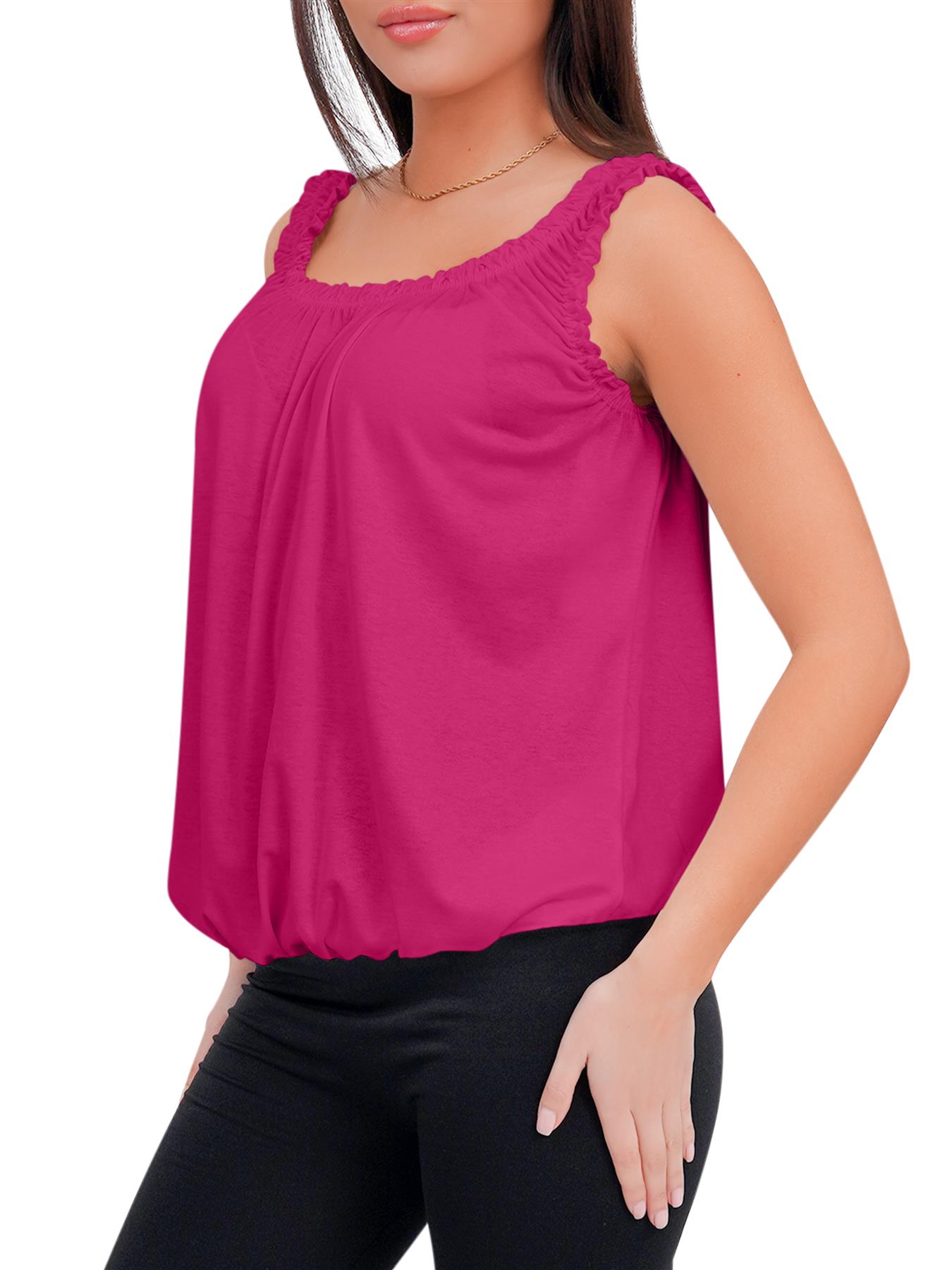 Women Round Scoop Neckline Gathered Vest Top Ladies Elastic Bubble Hem Summer - Picture 46 of 138