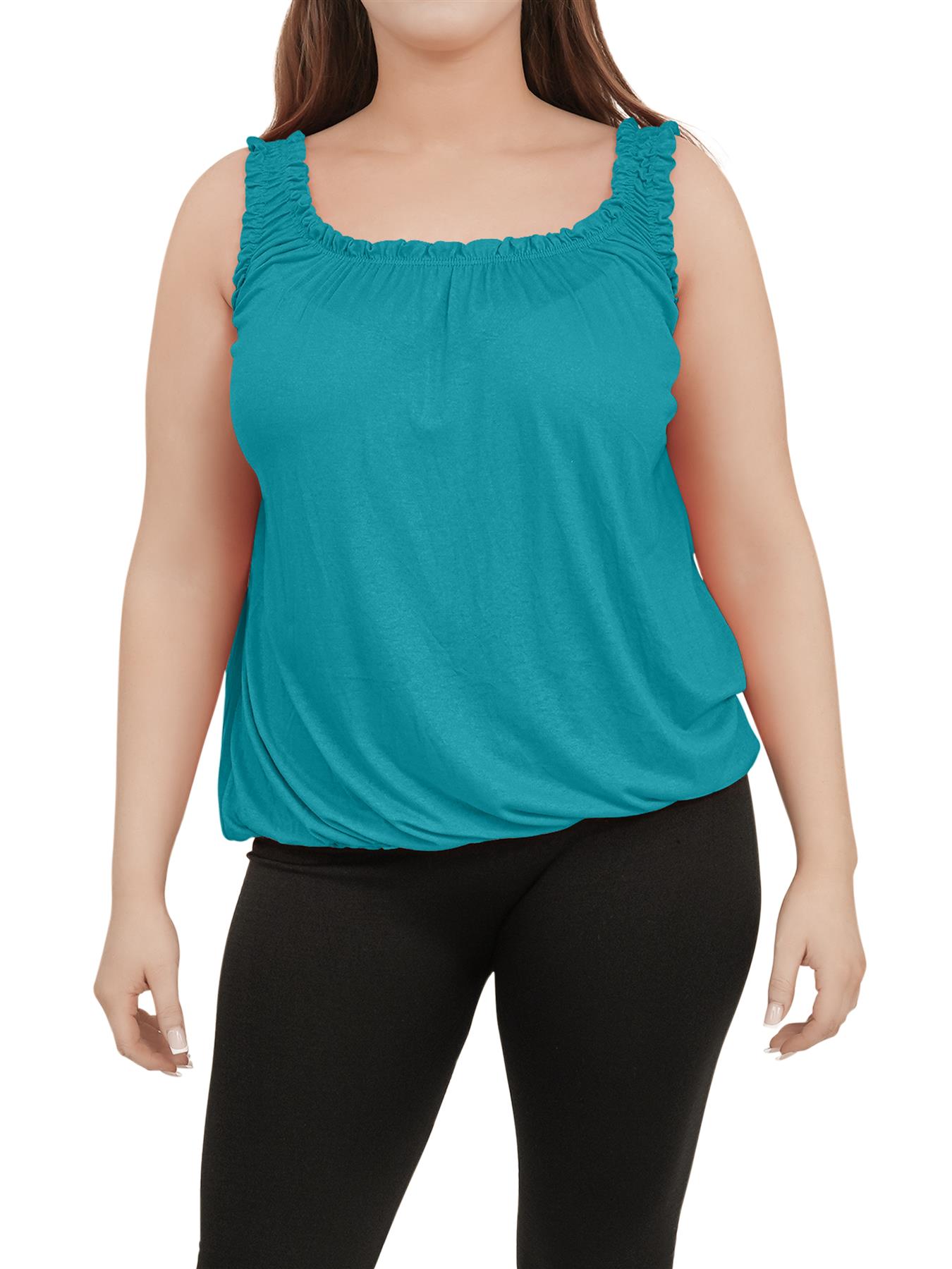 Women Round Scoop Neckline Gathered Vest Top Ladies Elastic Bubble Hem Summer - Picture 124 of 138