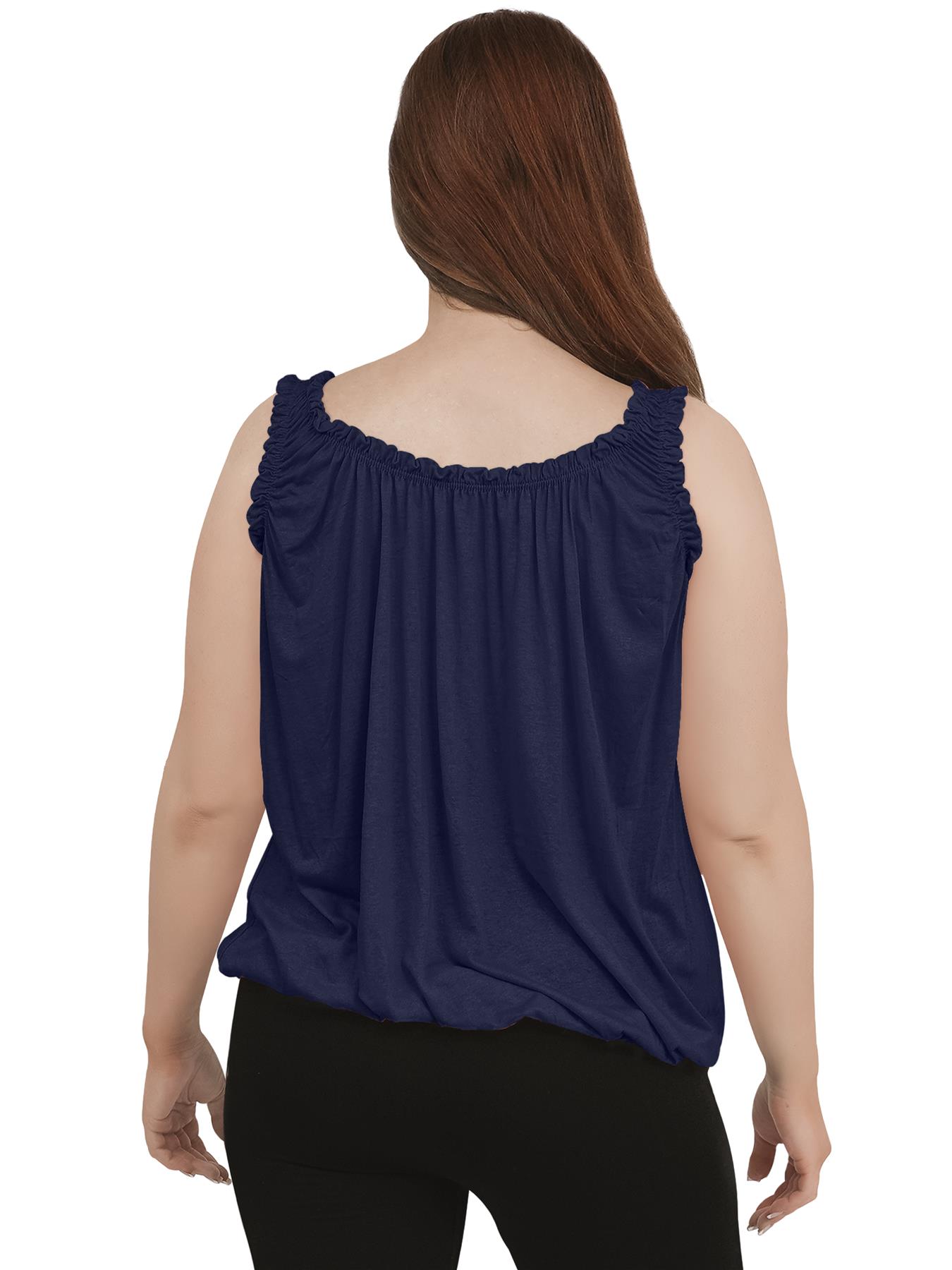 Women Round Scoop Neckline Gathered Vest Top Ladies Elastic Bubble Hem Summer - Picture 96 of 138