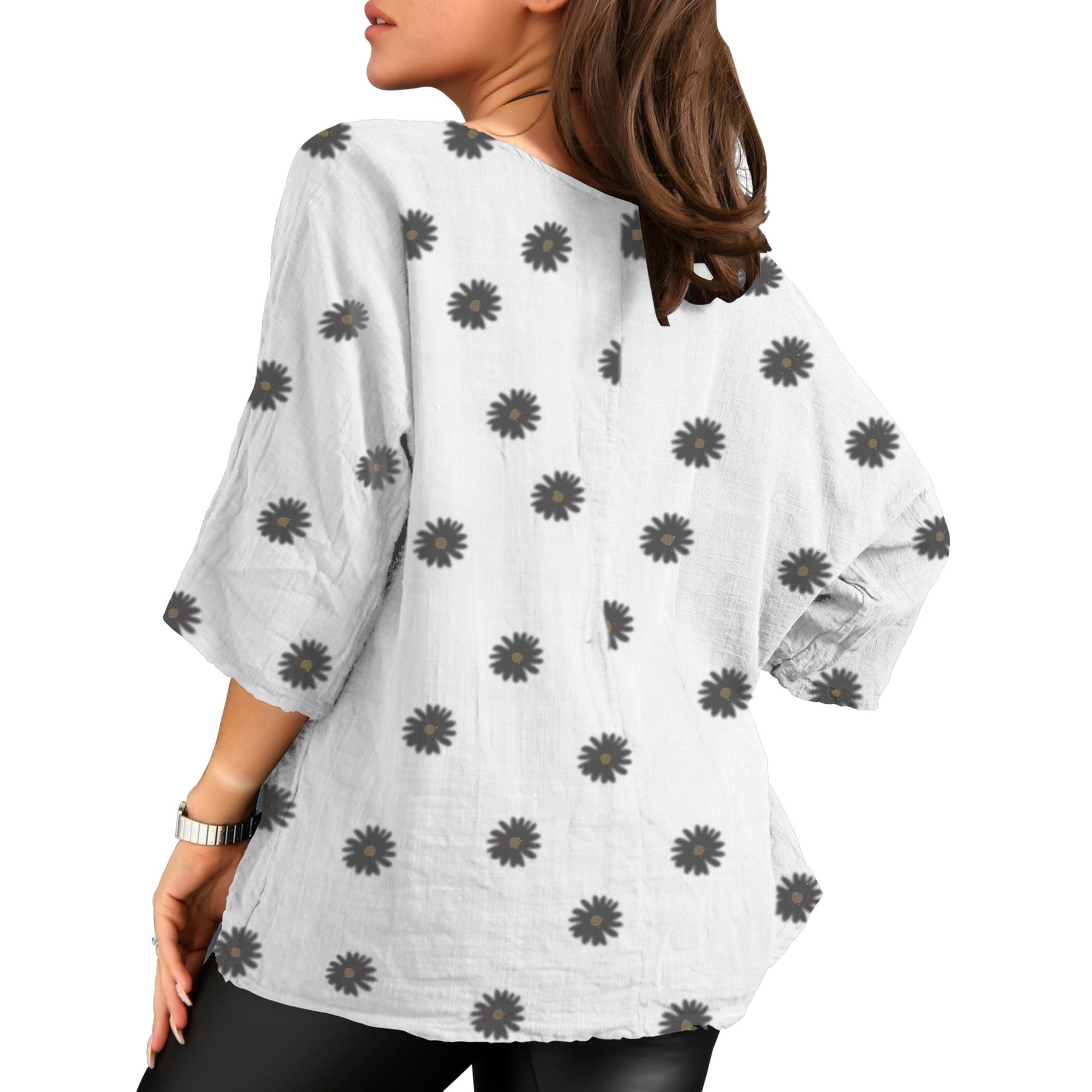 Women's Italian Lagenlook Cotton Top Daisy Floral Print 3/4 Sleeves Tunic Shirt - Picture 61 of 63
