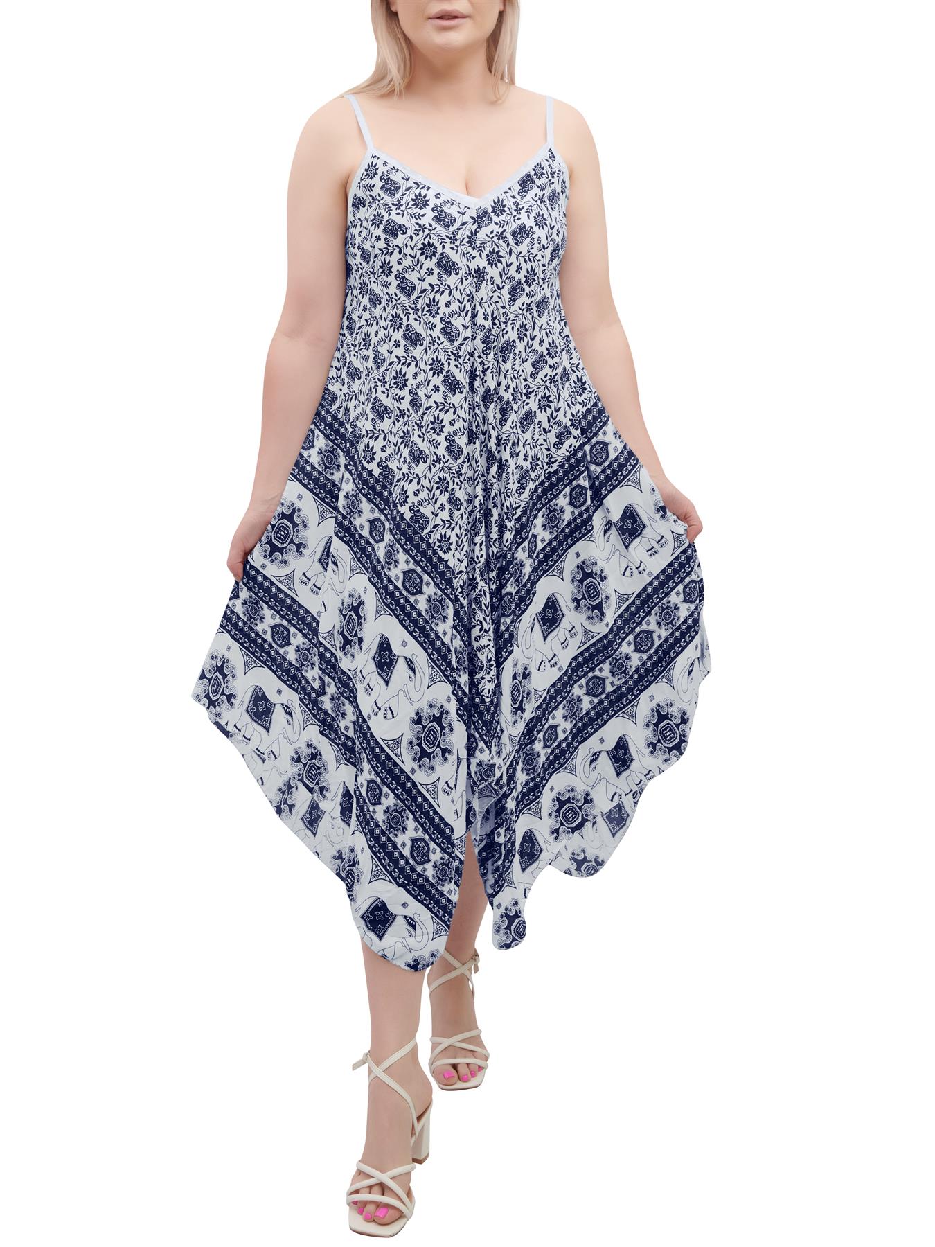 Womens Sleeveless Italian V Neck Hanky Dress Elephant Print Strappy Summer Maxi - Picture 70 of 72