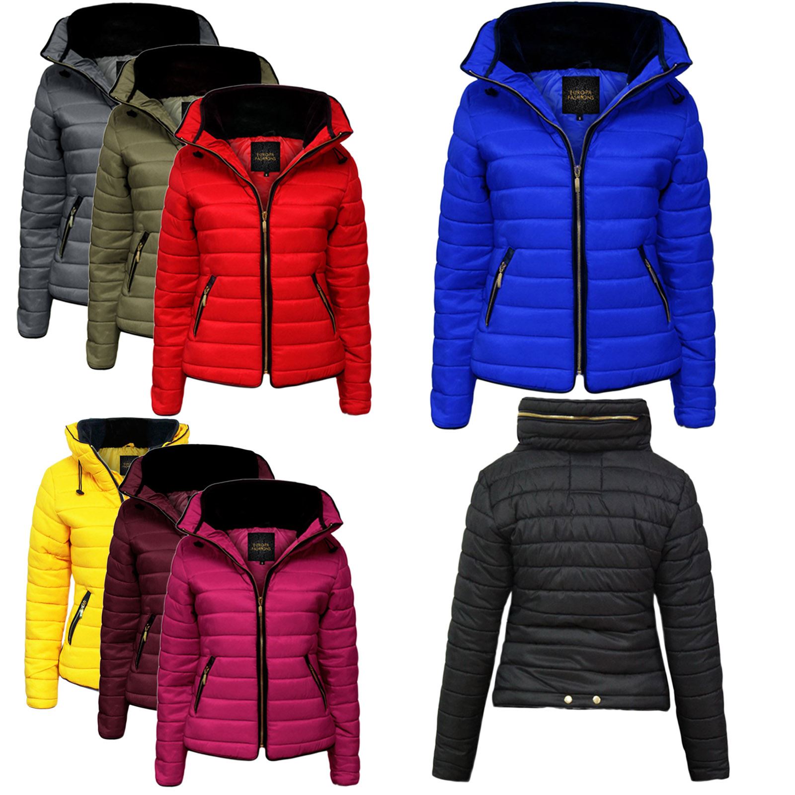 Womens Jacket Hooded Quilted Padded Ladies Puffer Bubble Winter Coat Long Sleeve