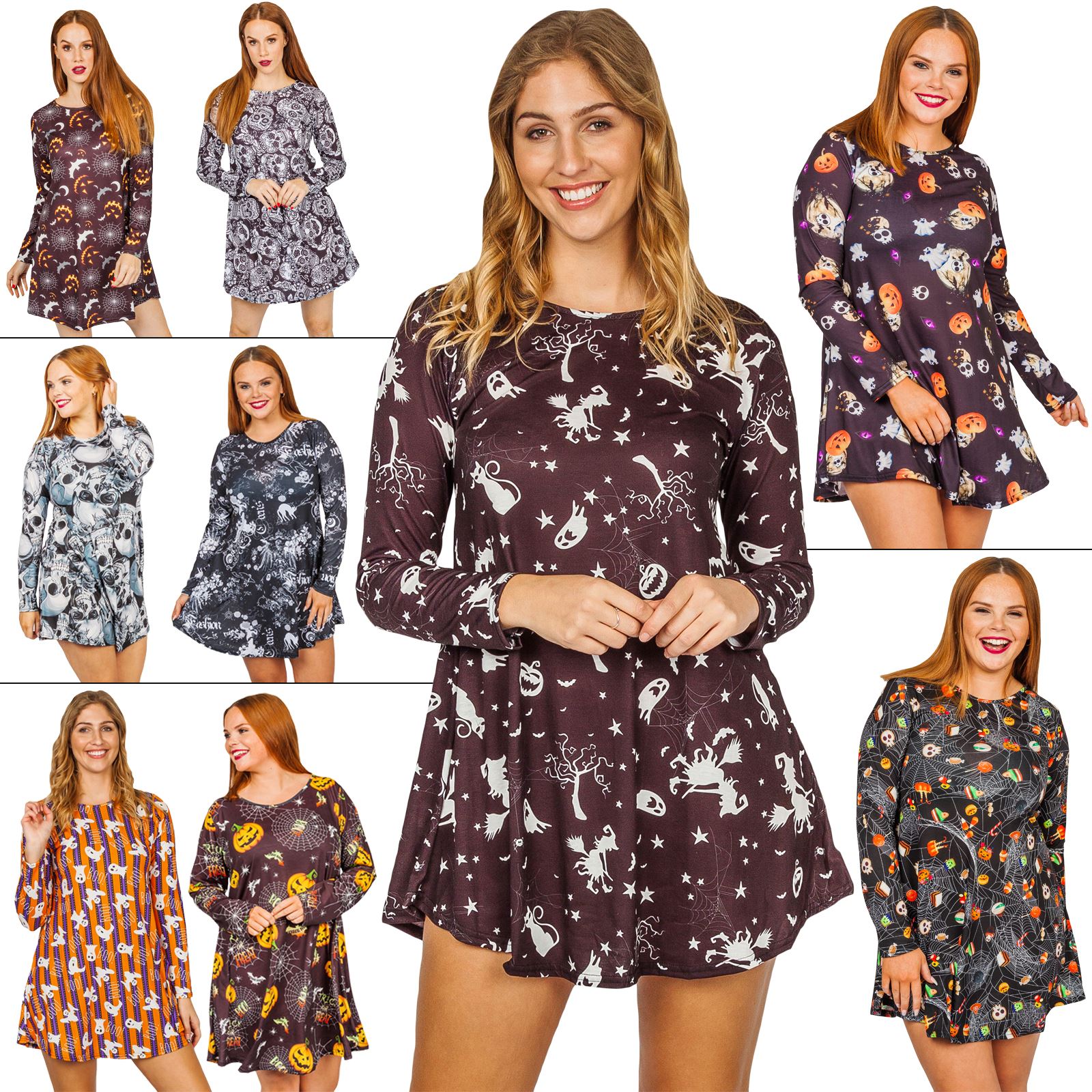 Womens Tunic Dress Halloween Skull Ghost Print Swing Ladies Party Wear Crew Neck