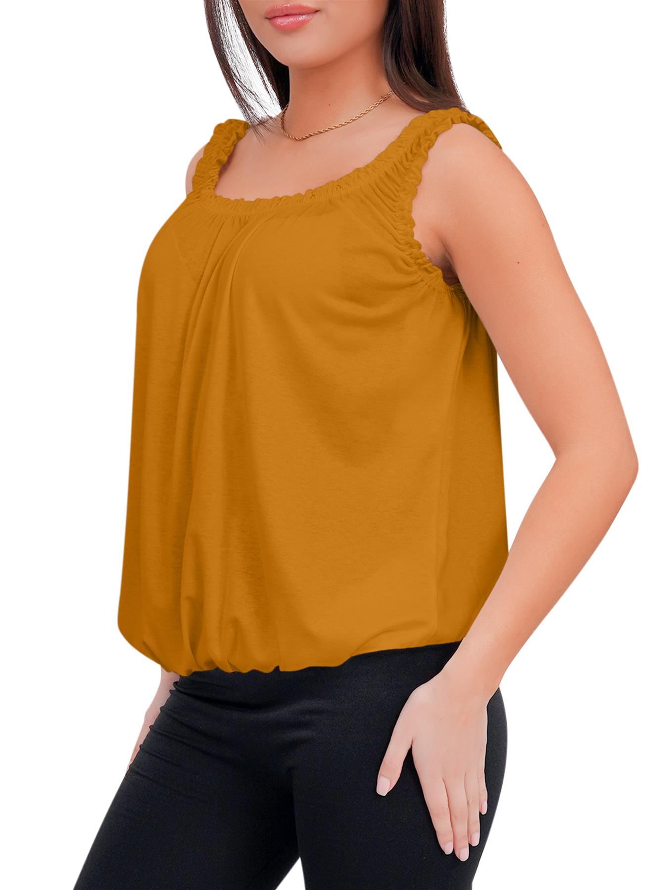 Women Round Scoop Neckline Gathered Vest Top Ladies Elastic Bubble Hem Summer - Picture 90 of 138