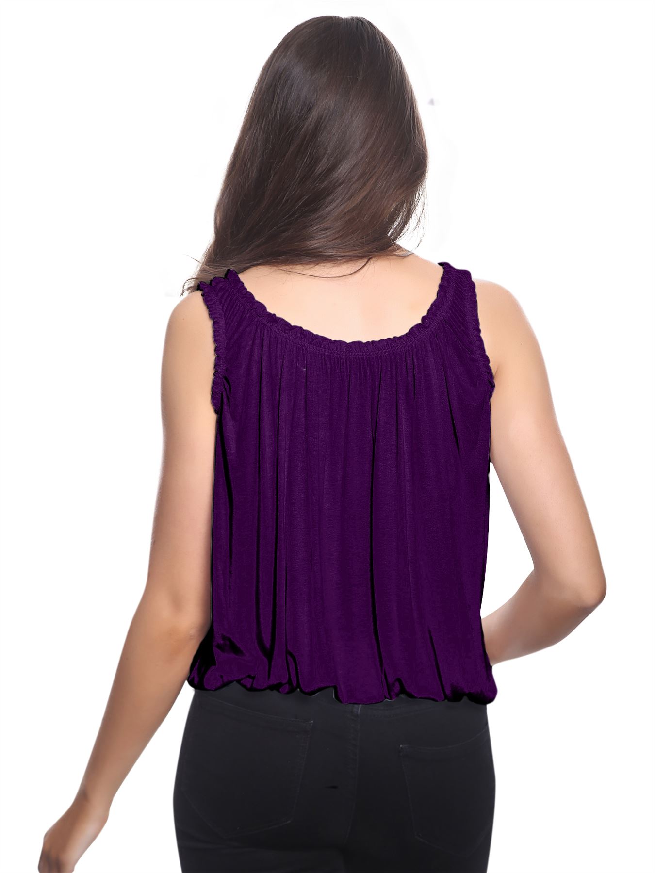 Women Round Scoop Neckline Gathered Vest Top Ladies Elastic Bubble Hem Summer - Picture 40 of 138