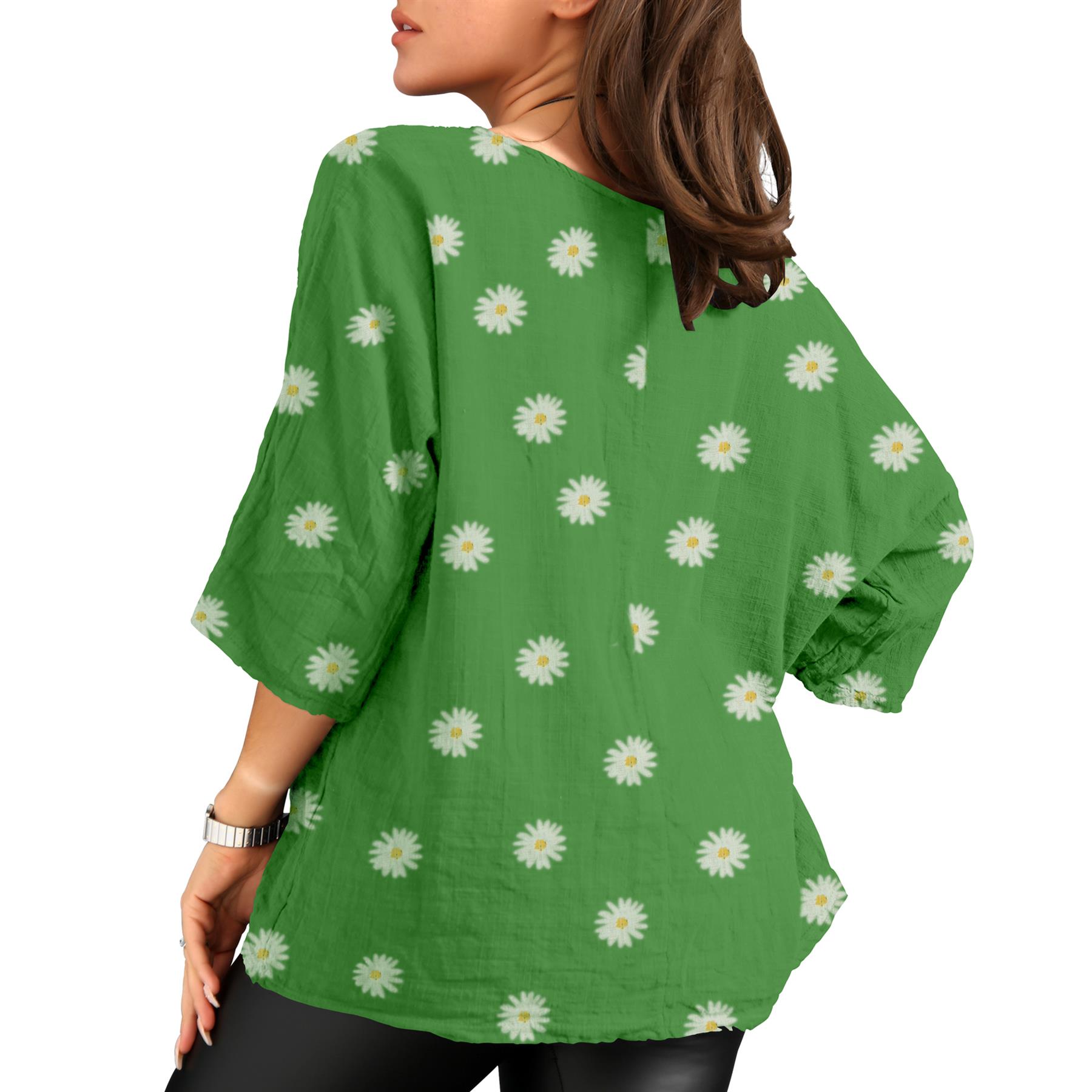 Women's Italian Lagenlook Cotton Top Daisy Floral Print 3/4 Sleeves Tunic Shirt - Picture 13 of 63